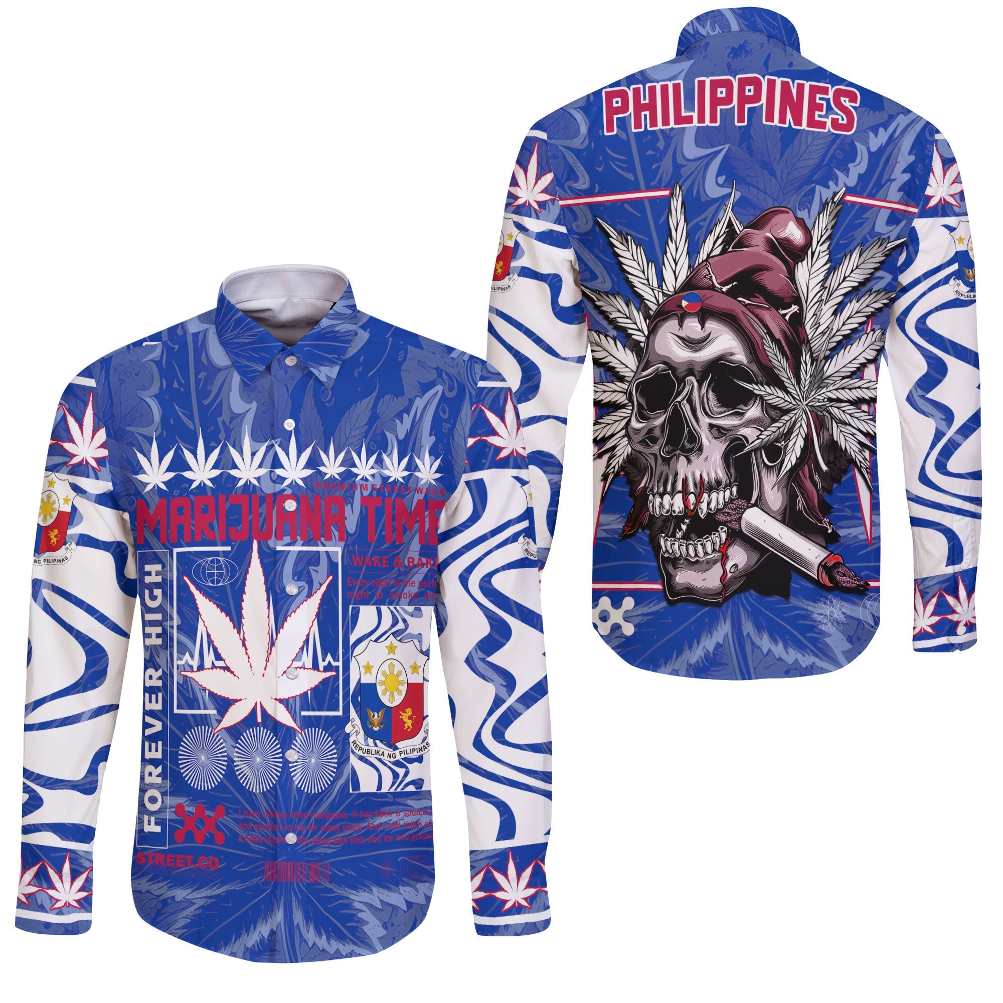 Philippines Long Sleeve Button Shirt Flag & Coat Of Arms Marijuanas Style