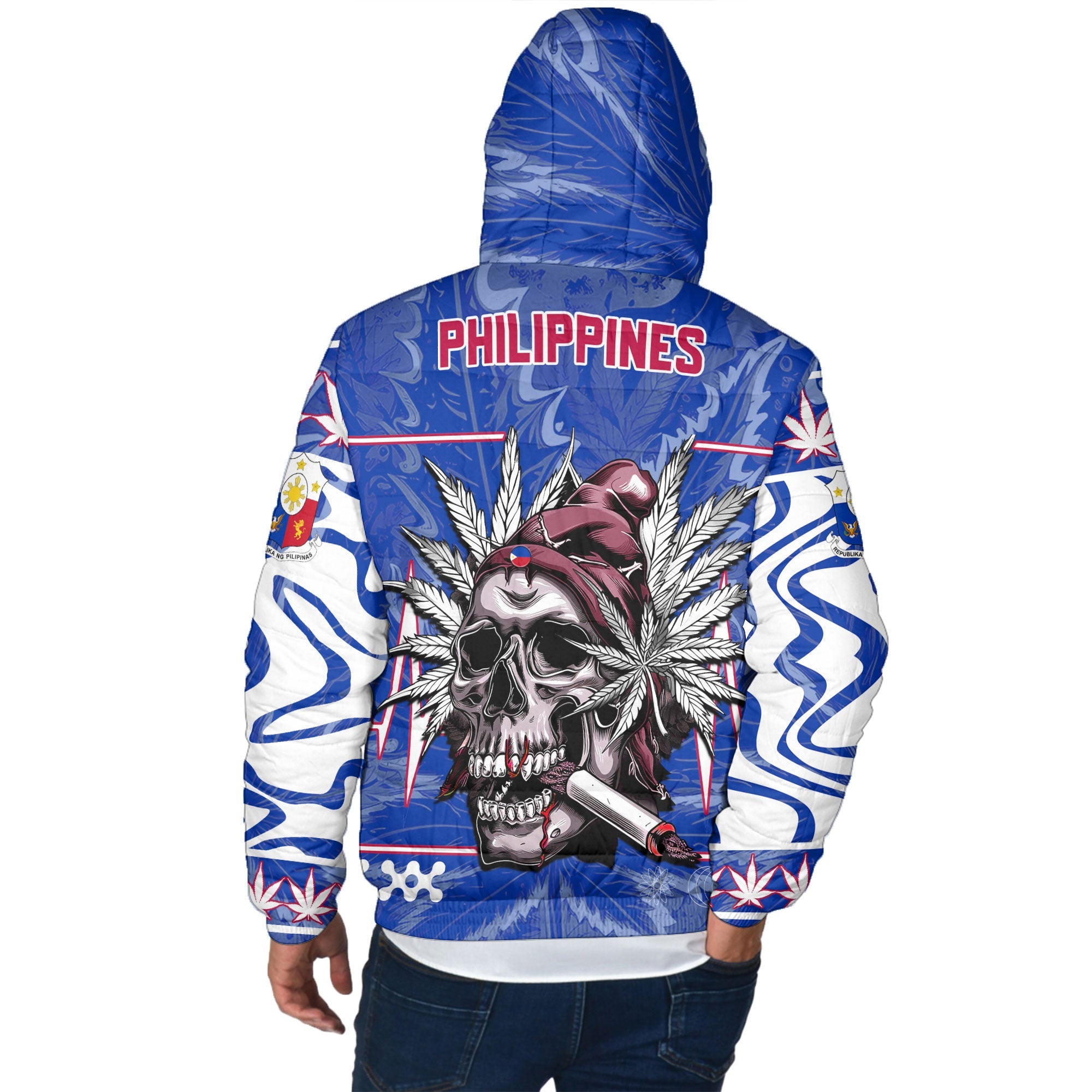 Philippines Men Hooded Padded Jacket Flag & Coat Of Arms Marijuanas Style