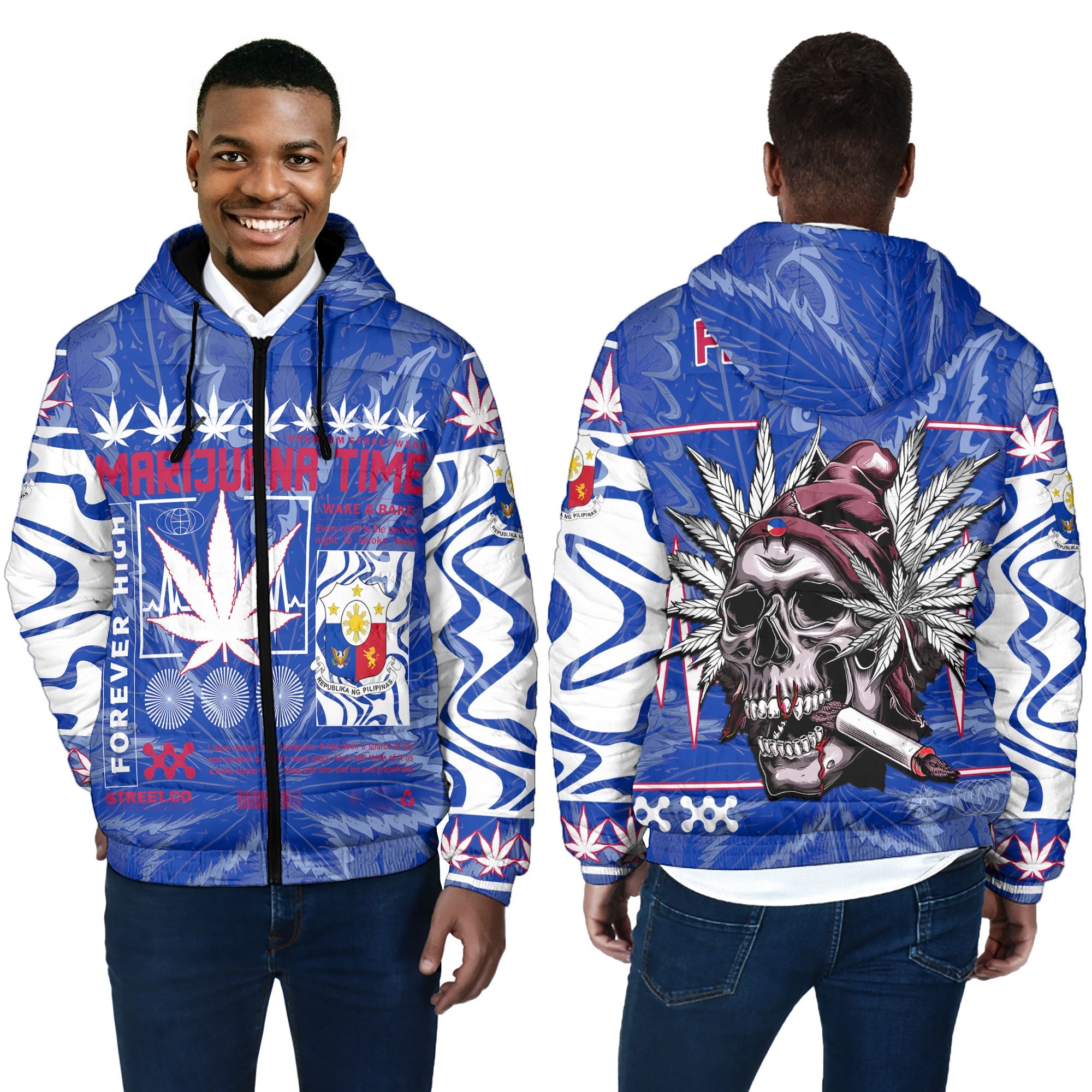 Philippines Men Hooded Padded Jacket Flag & Coat Of Arms Marijuanas Style