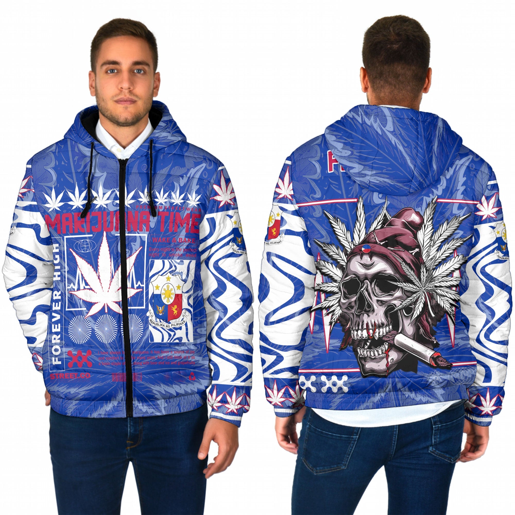 Philippines Men Hooded Padded Jacket Flag & Coat Of Arms Marijuanas Style