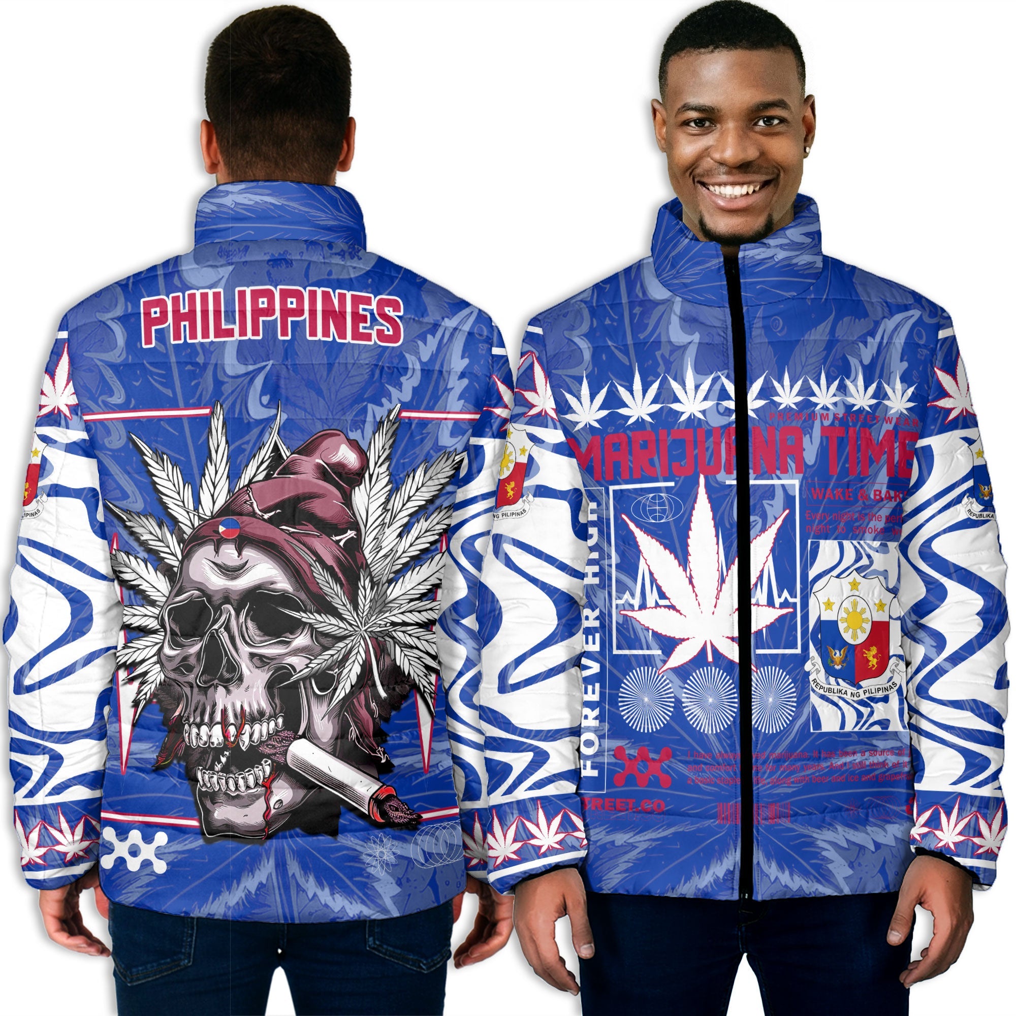 Philippines Men Padded Jacket Flag & Coat Of Arms Marijuanas Style