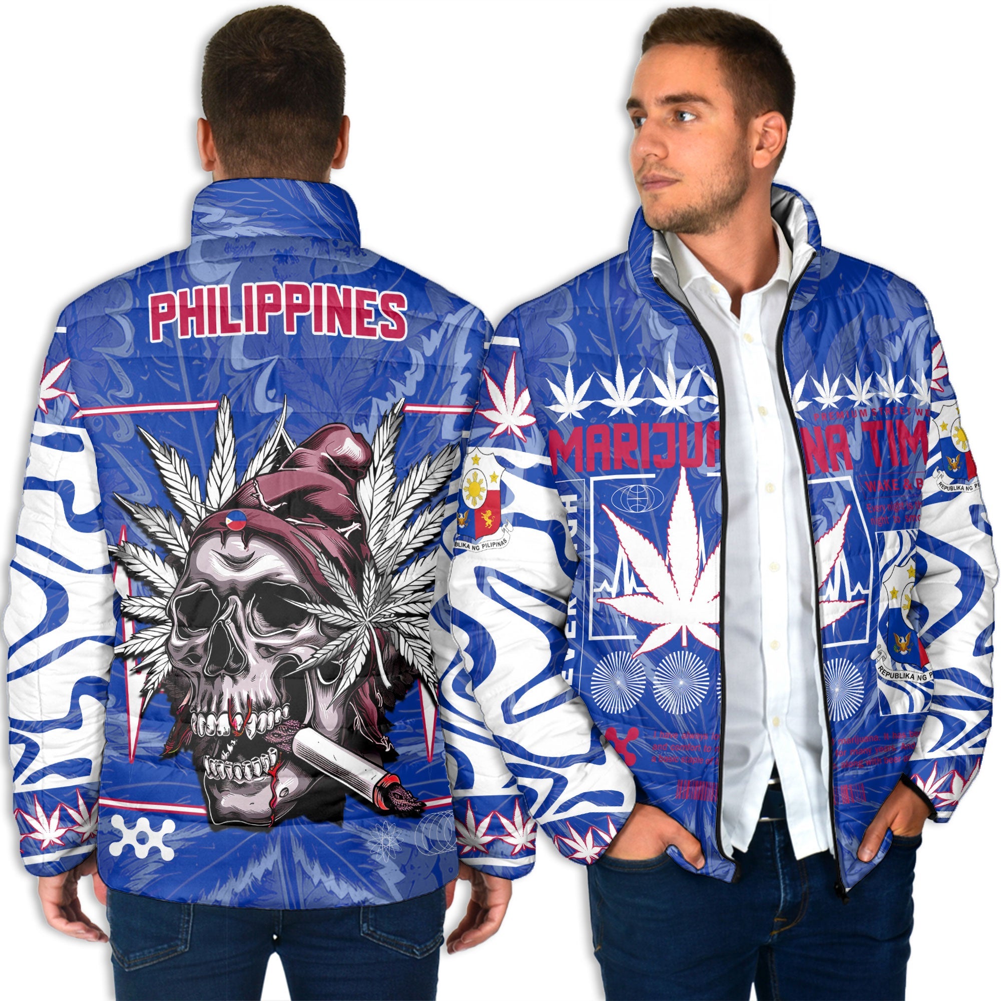 Philippines Men Padded Jacket Flag & Coat Of Arms Marijuanas Style