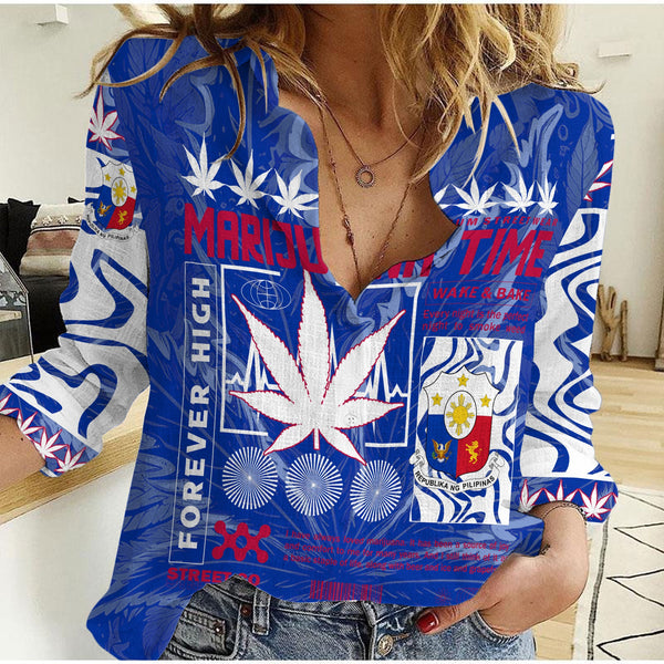 Philippines Women Casual Shirt Flag & Coat Of Arms Marijuanas Style