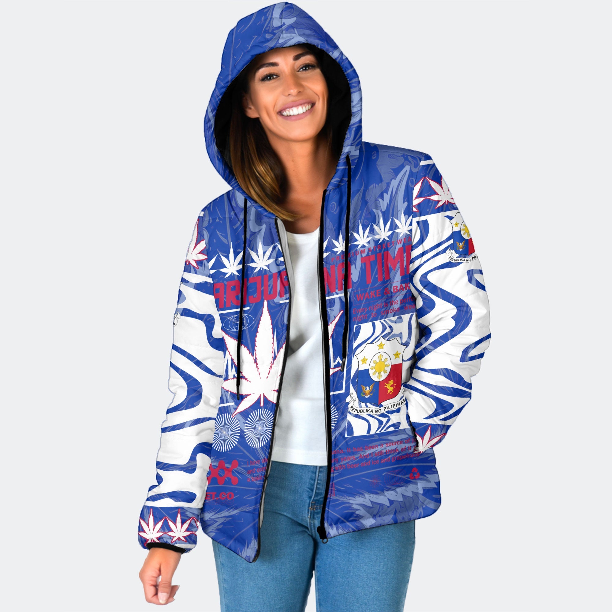 Philippines Women Hooded Padded Jacket Flag & Coat Of Arms Marijuanas Style