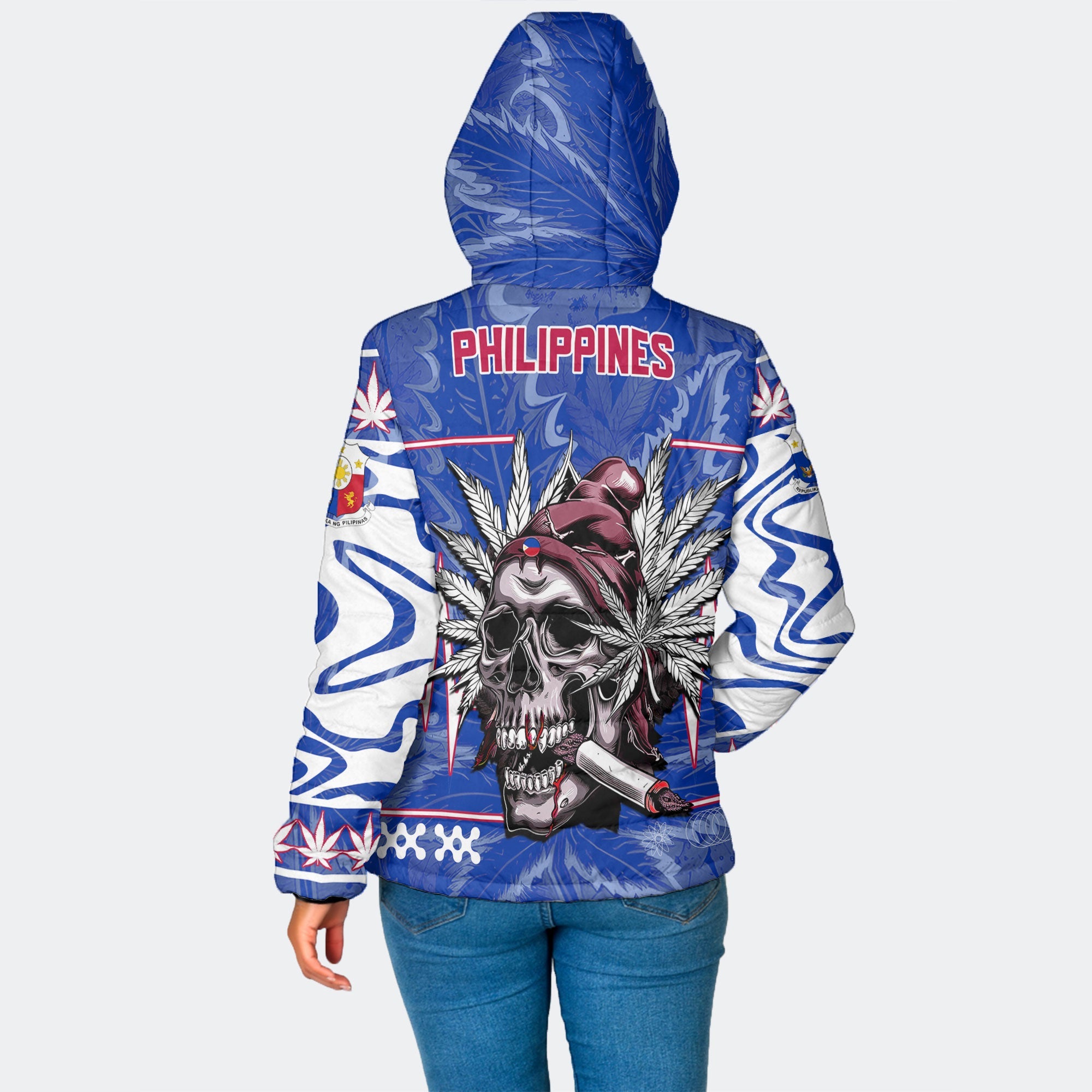 Philippines Women Hooded Padded Jacket Flag & Coat Of Arms Marijuanas Style