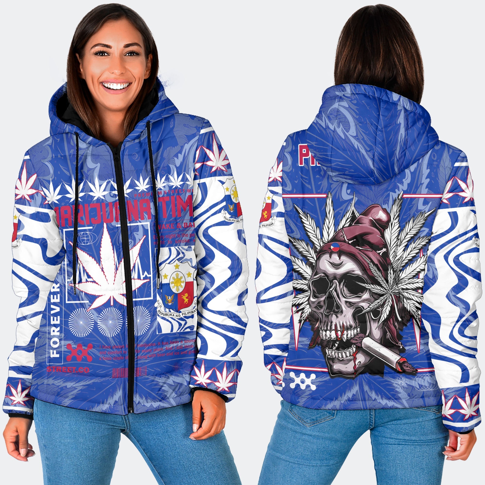 Philippines Women Hooded Padded Jacket Flag & Coat Of Arms Marijuanas Style