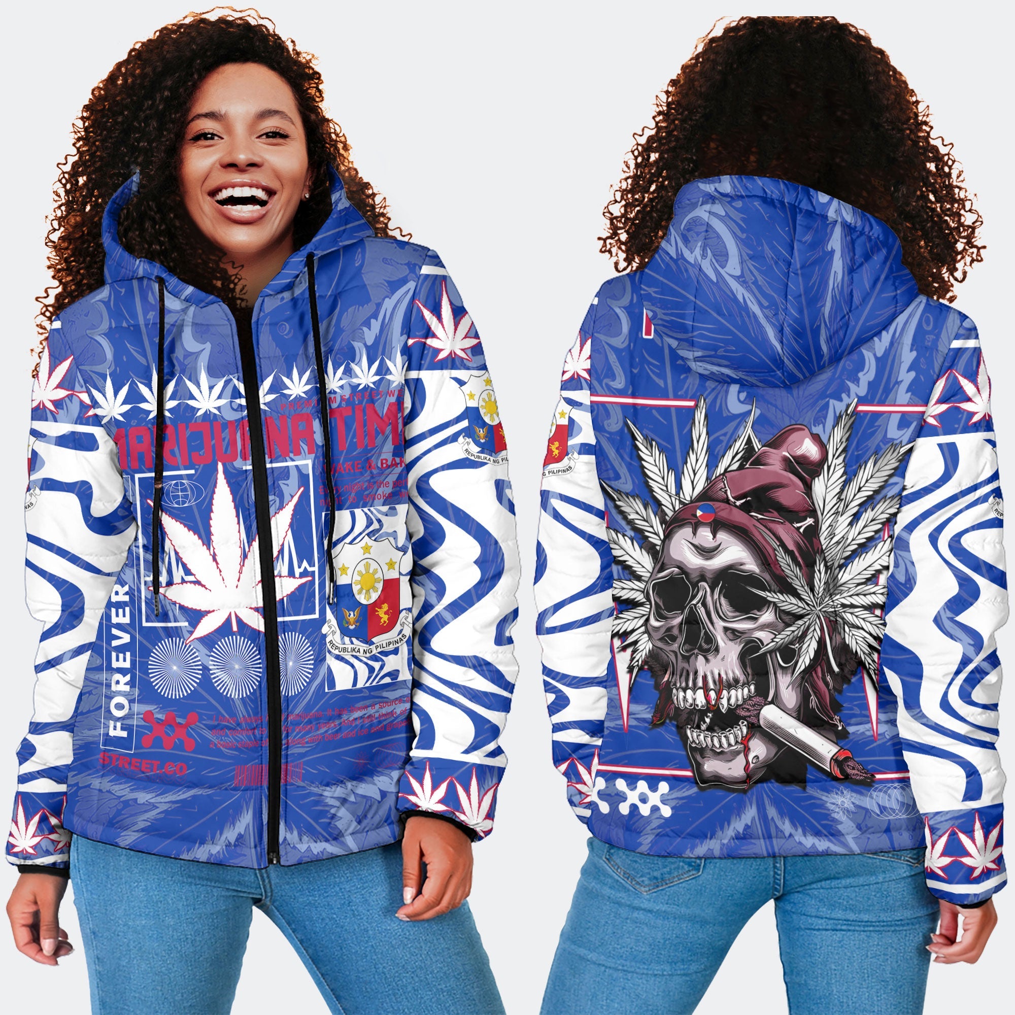 Philippines Women Hooded Padded Jacket Flag & Coat Of Arms Marijuanas Style