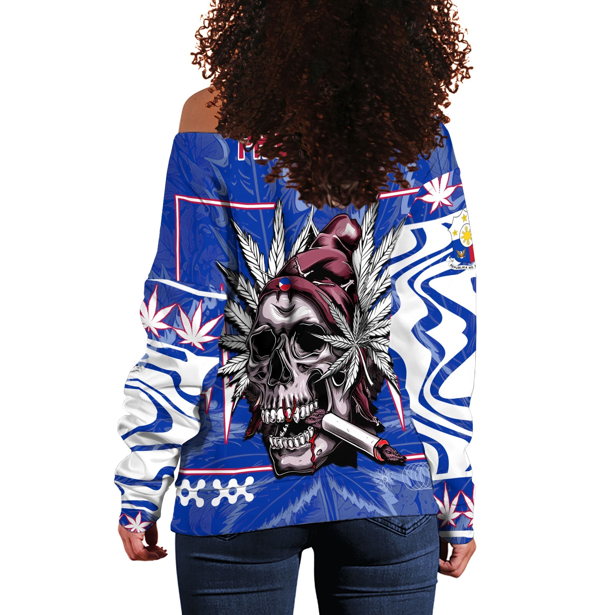 Philippines Women Off Shoulder Sweatshirt Flag & Coat Of Arms Marijuanas Style