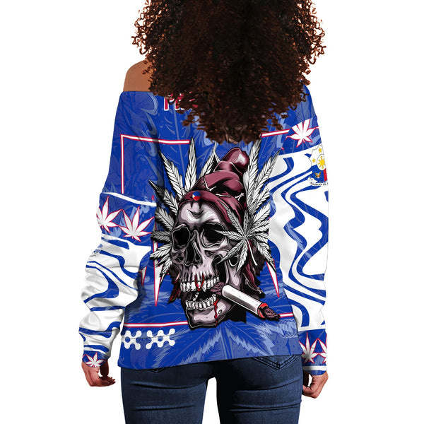 Philippines Women Off Shoulder Sweatshirt Flag & Coat Of Arms Marijuanas Style