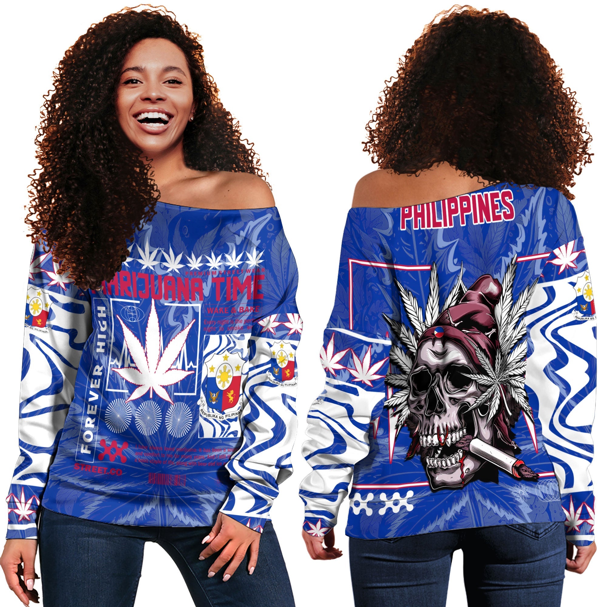 Philippines Women Off Shoulder Sweatshirt Flag & Coat Of Arms Marijuanas Style