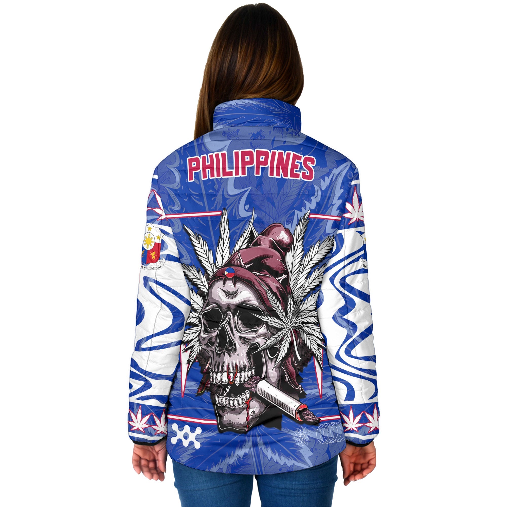 Philippines Women Padded Jacket Flag & Coat Of Arms Marijuanas Style