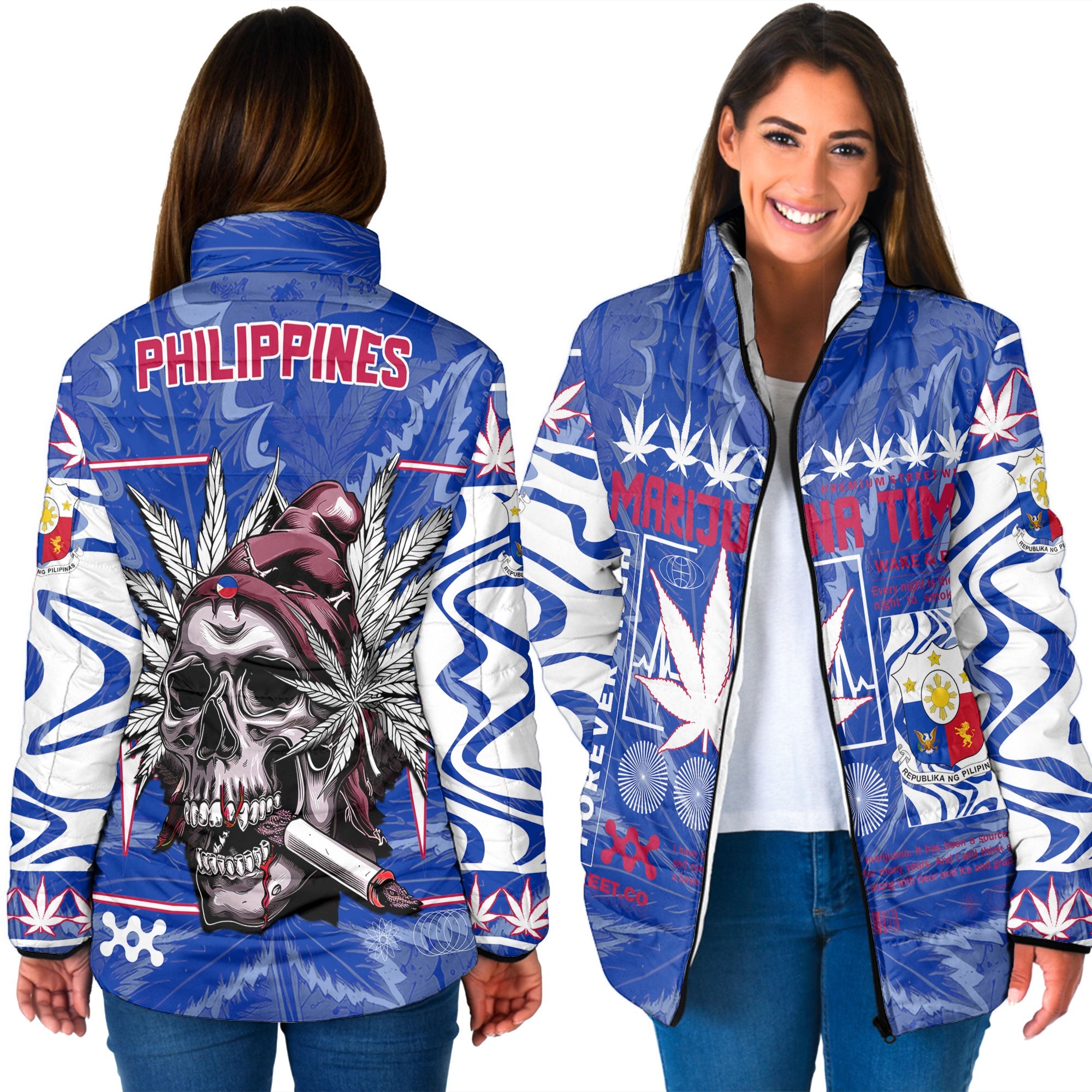 Philippines Women Padded Jacket Flag & Coat Of Arms Marijuanas Style