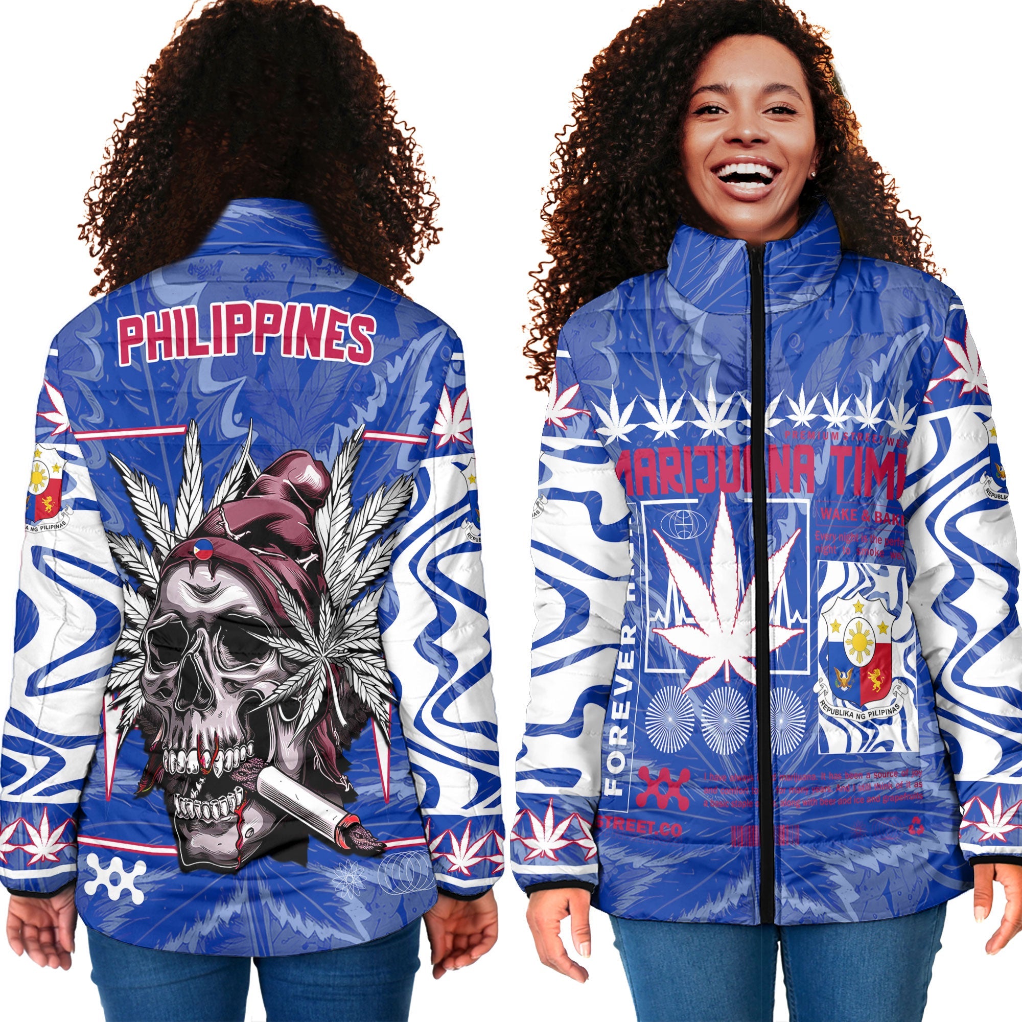 Philippines Women Padded Jacket Flag & Coat Of Arms Marijuanas Style