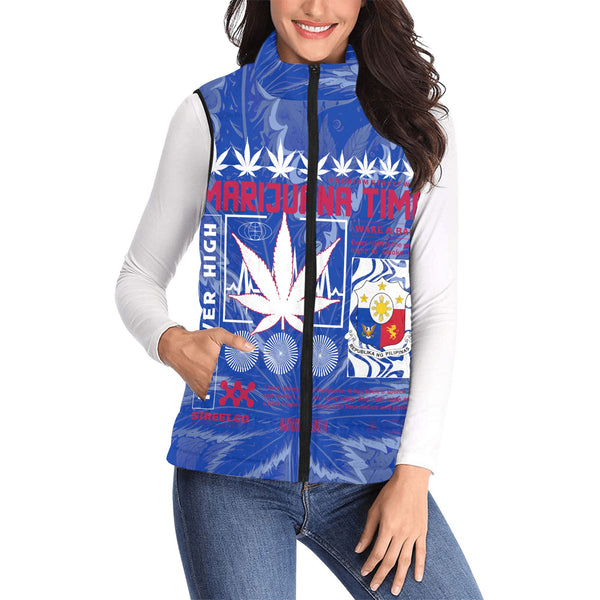 Philippines Women Padded Jacket Vest Flag & Coat Of Arms Marijuanas Style