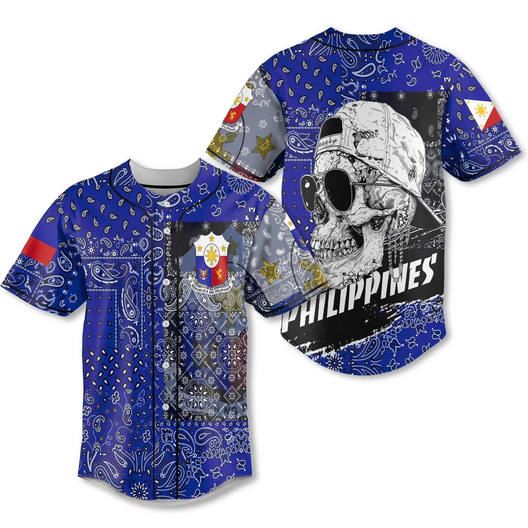 Philippines Baseball Jersey Paisley Flag And Skull Style 1