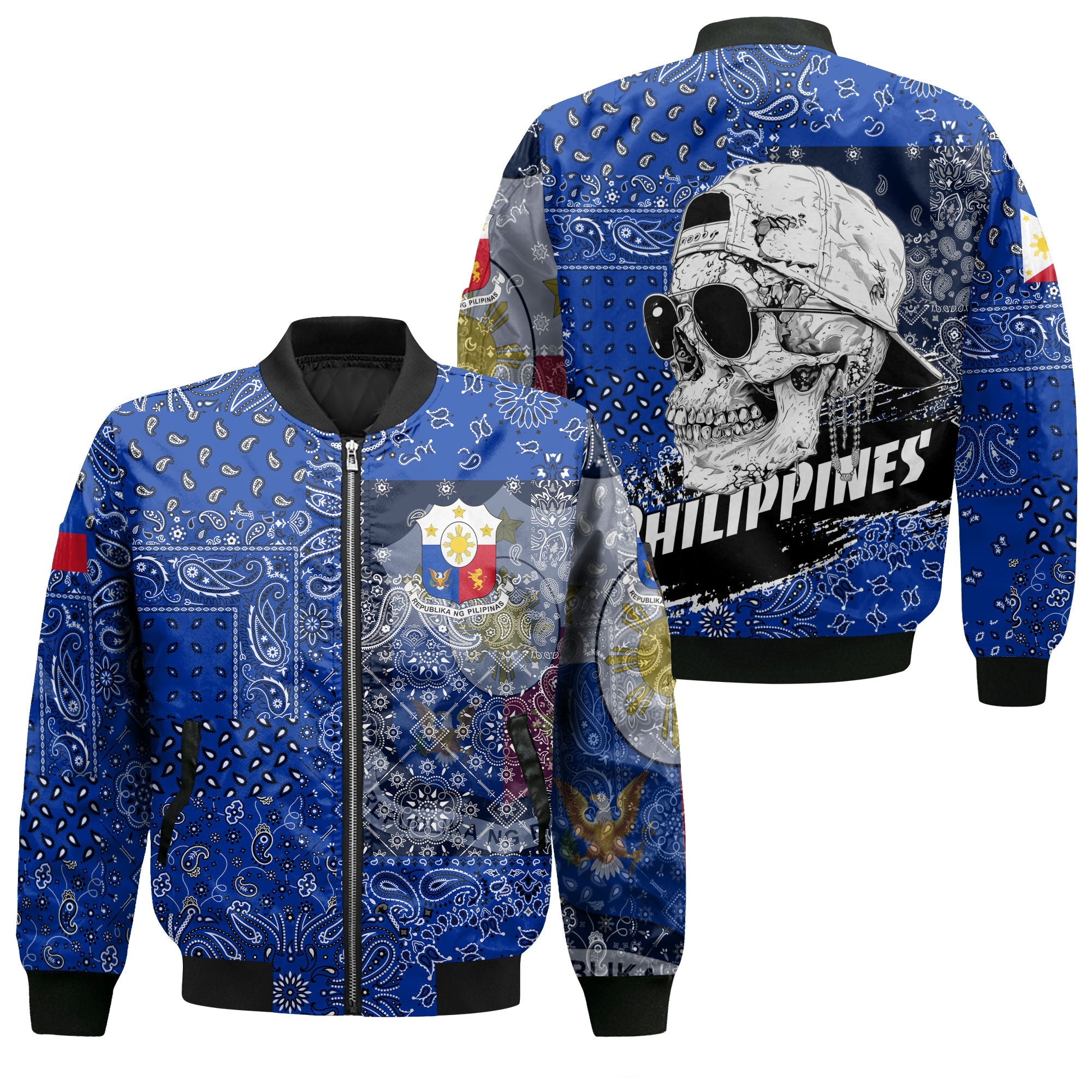 Philippines Bomber Jacket Paisley Flag And Skull Style 1