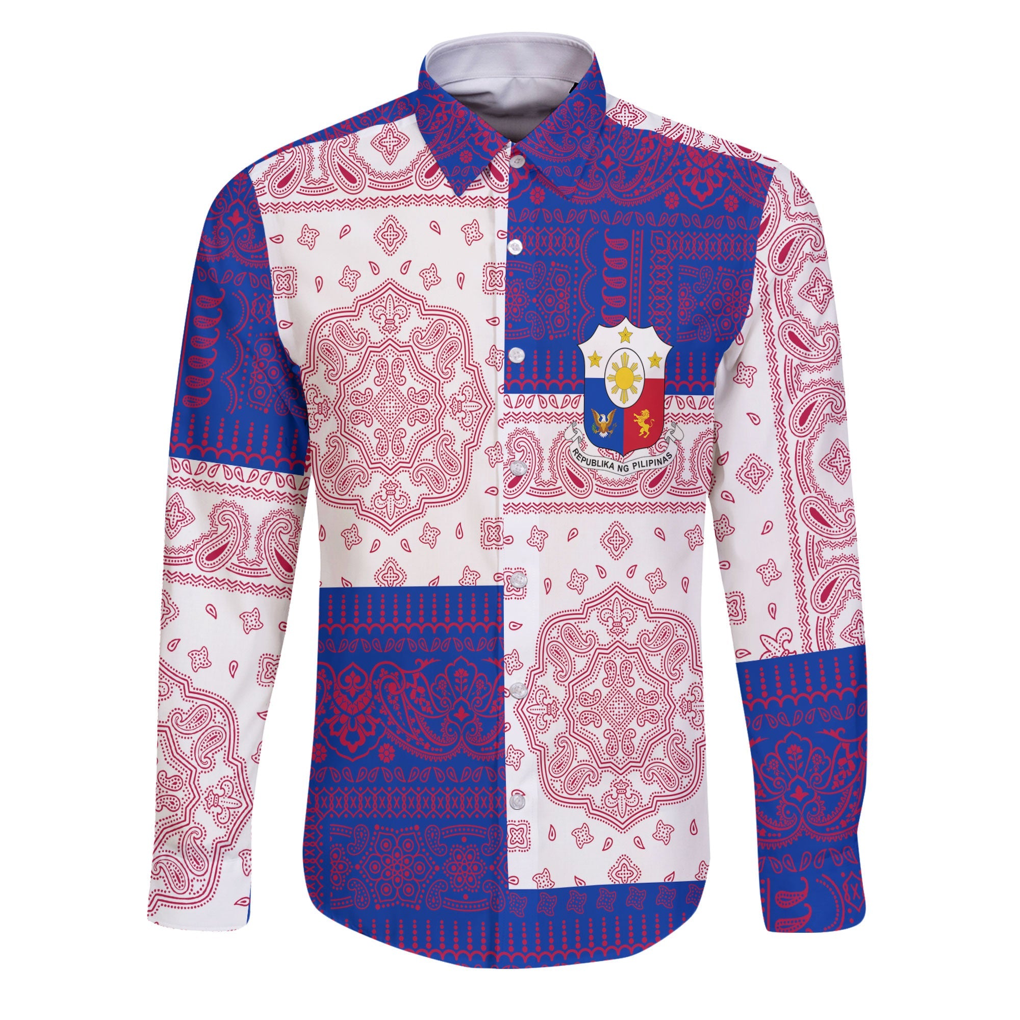 Philippines Long Sleeve Button Shirt Flag And Paisley Basic Style 1