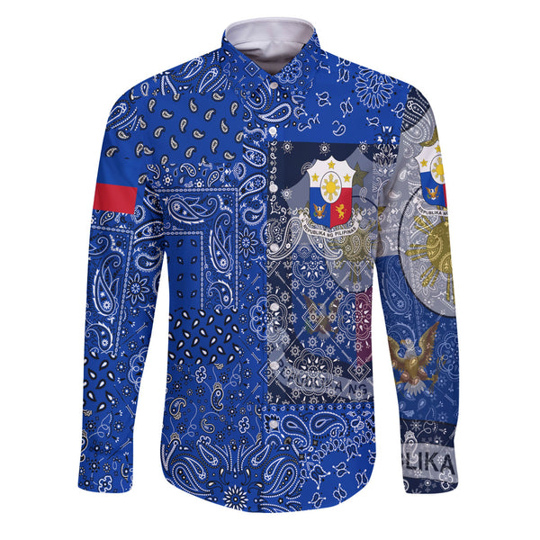 Philippines Long Sleeve Button Shirt Paisley Flag And Skull Style 1