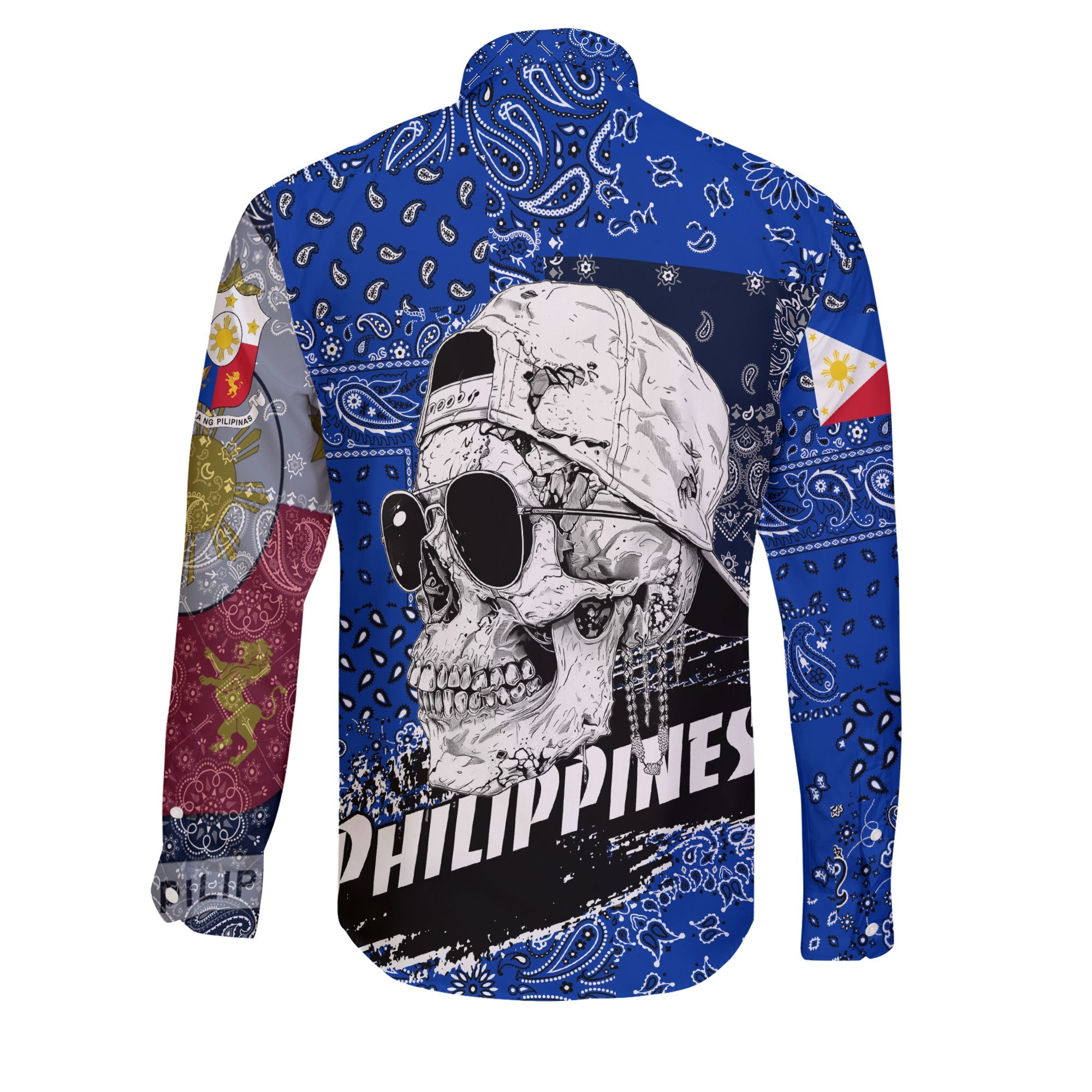 Philippines Long Sleeve Button Shirt Paisley Flag And Skull Style 2