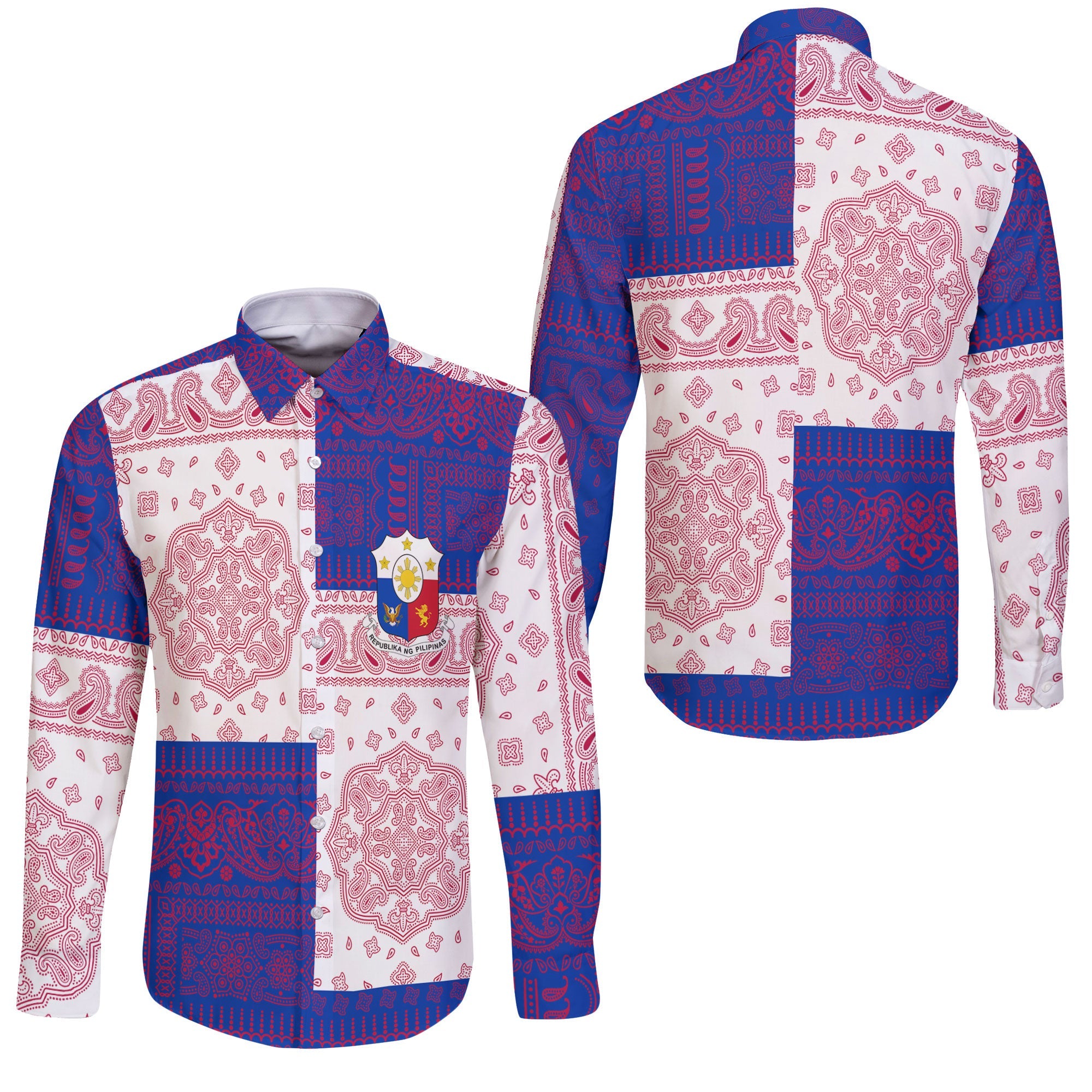 Philippines Long Sleeve Button Shirt Flag And Paisley Basic Style 3