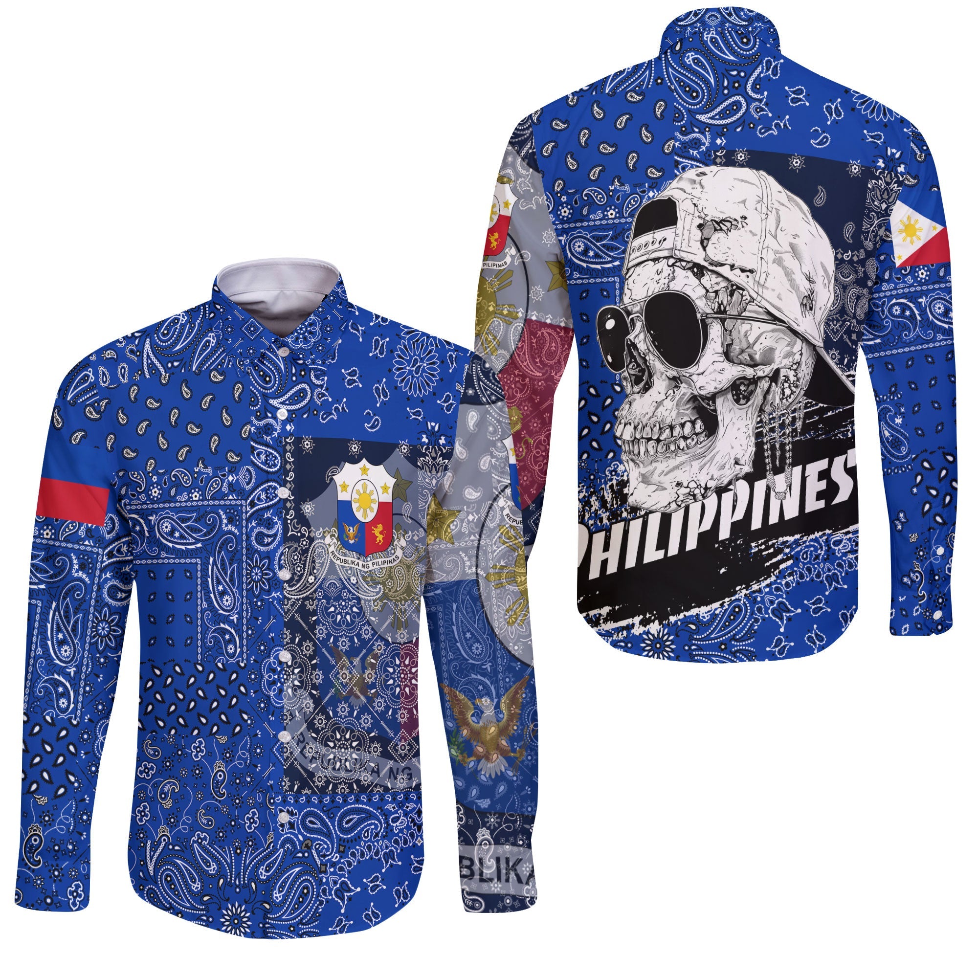 Philippines Long Sleeve Button Shirt Paisley Flag And Skull Style 3