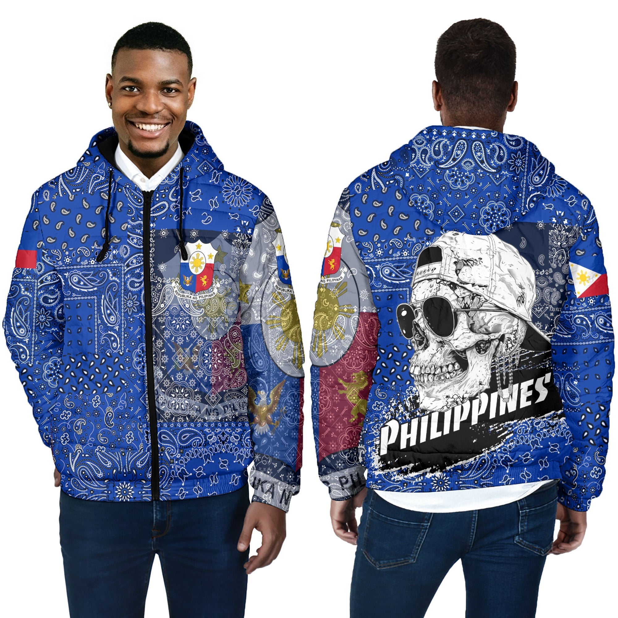 Philippines Men Hooded Padded Jacket Paisley Flag And Skull Style 4