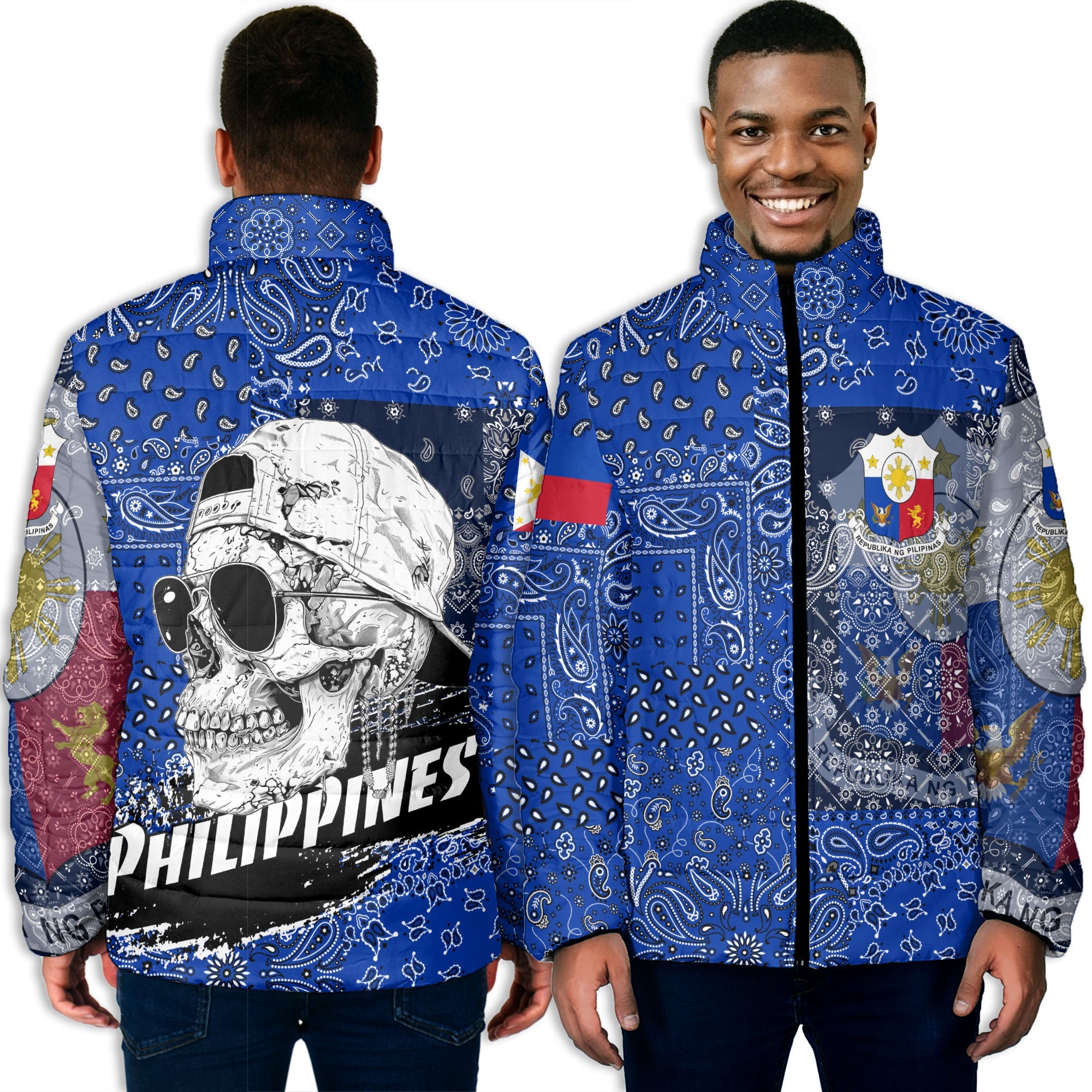 Philippines Men Padded Jacket Paisley Flag And Skull Style 3