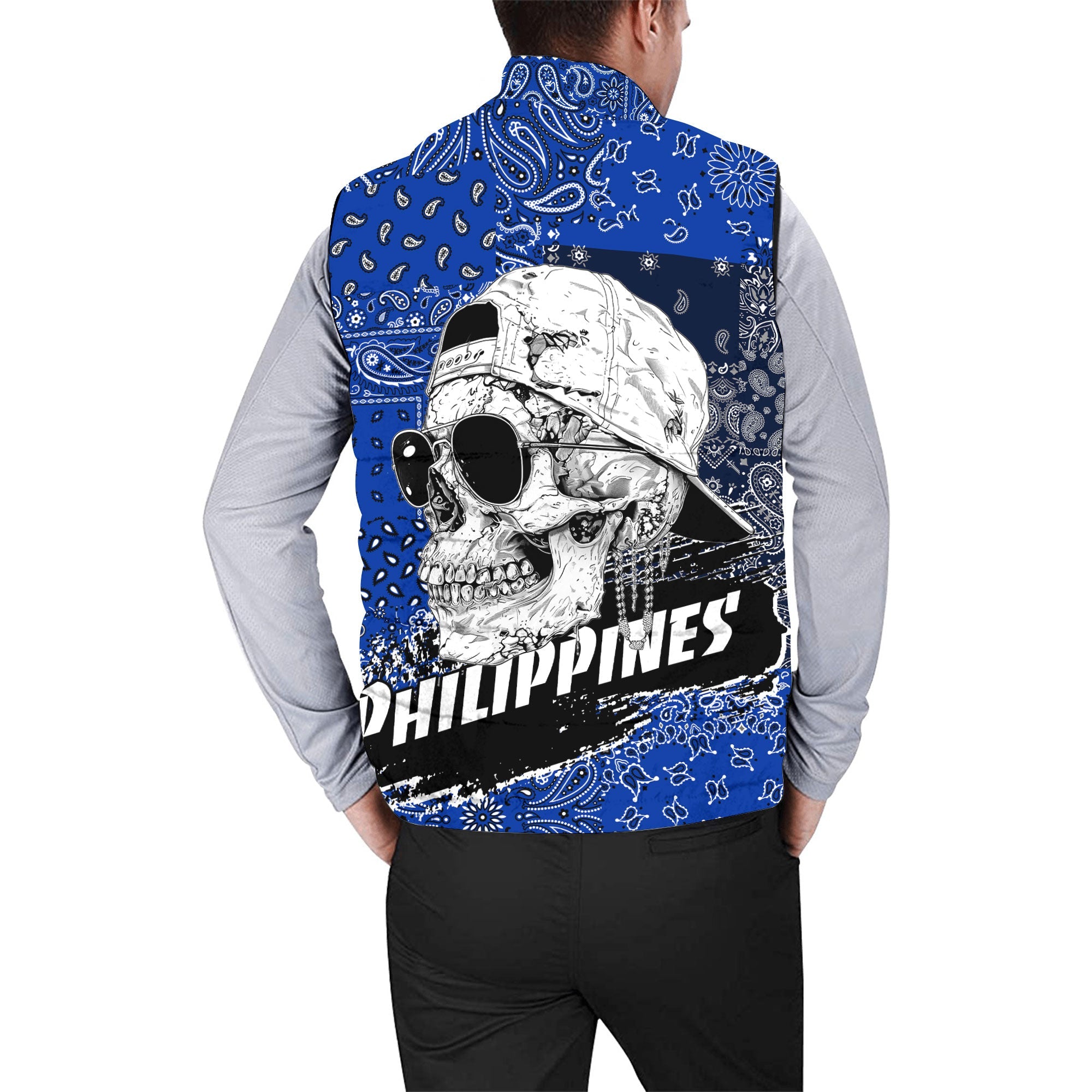 Philippines Men Padded Jacket Vest Paisley Flag And Skull Style 2