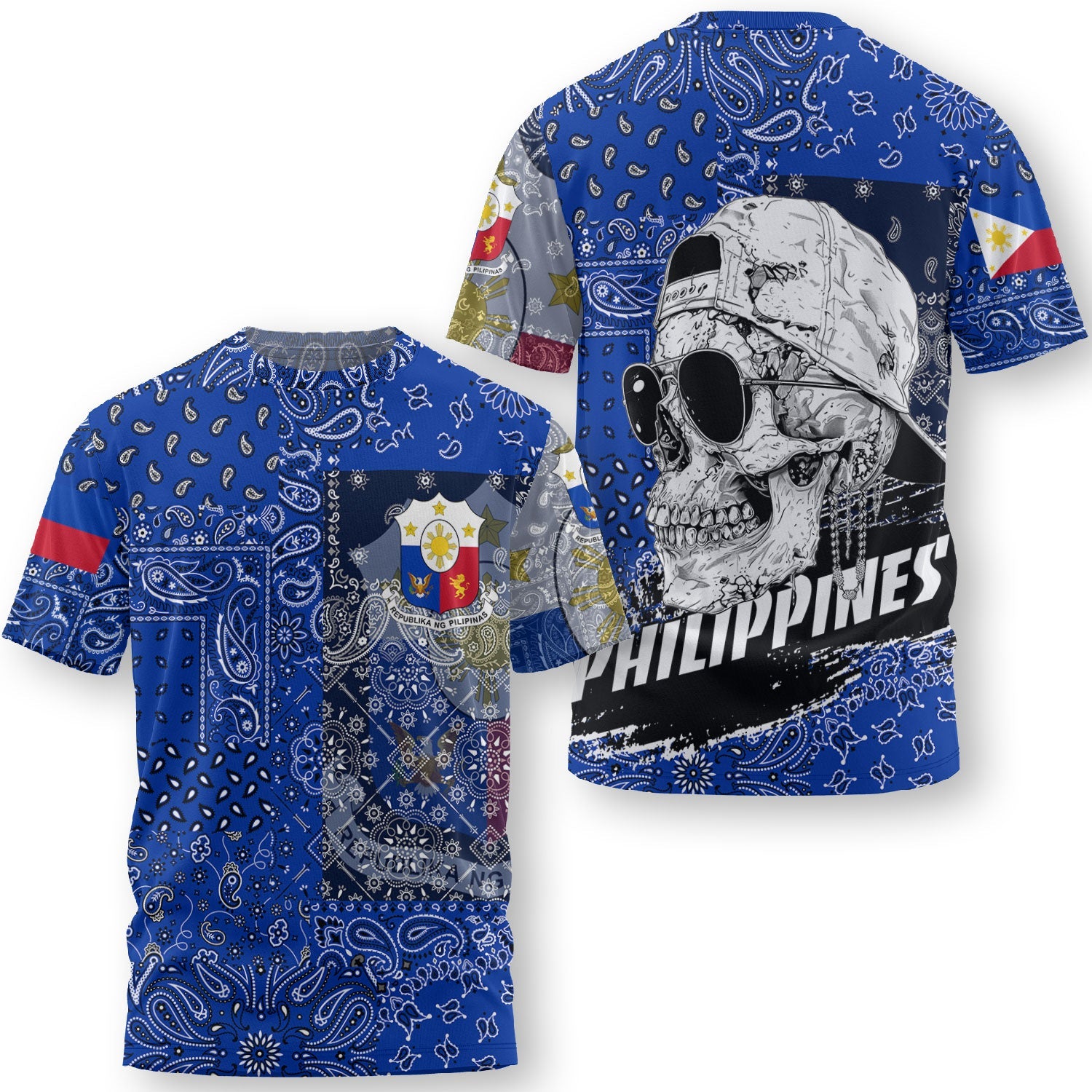 Philippines T Shirt Paisley Flag And Skull Style 3