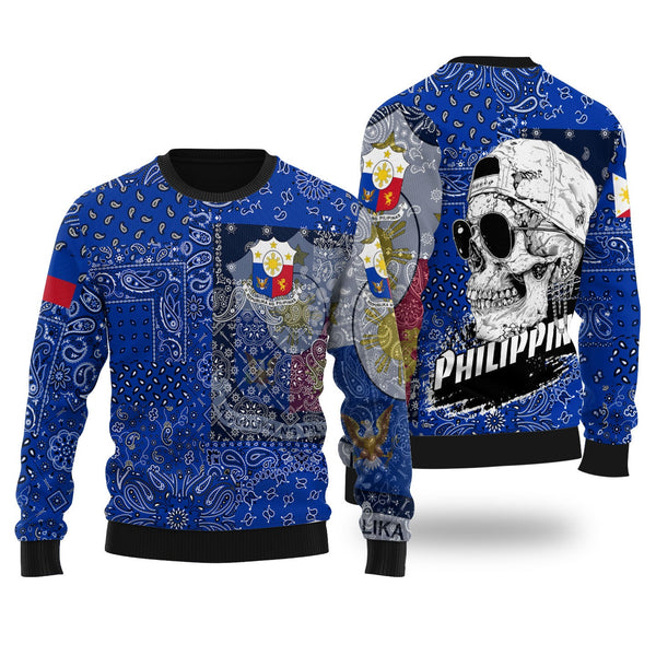 Philippines Ugly Sweater Paisley Flag And Skull Style 1