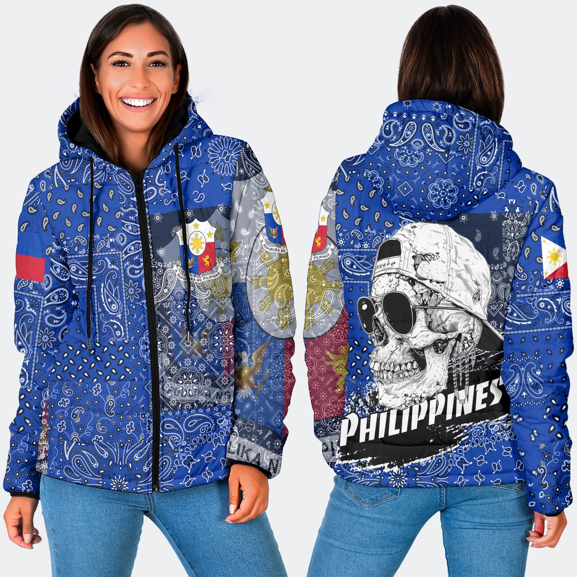 Philippines Women Hooded Padded Jacket Paisley Flag And Skull Style 3