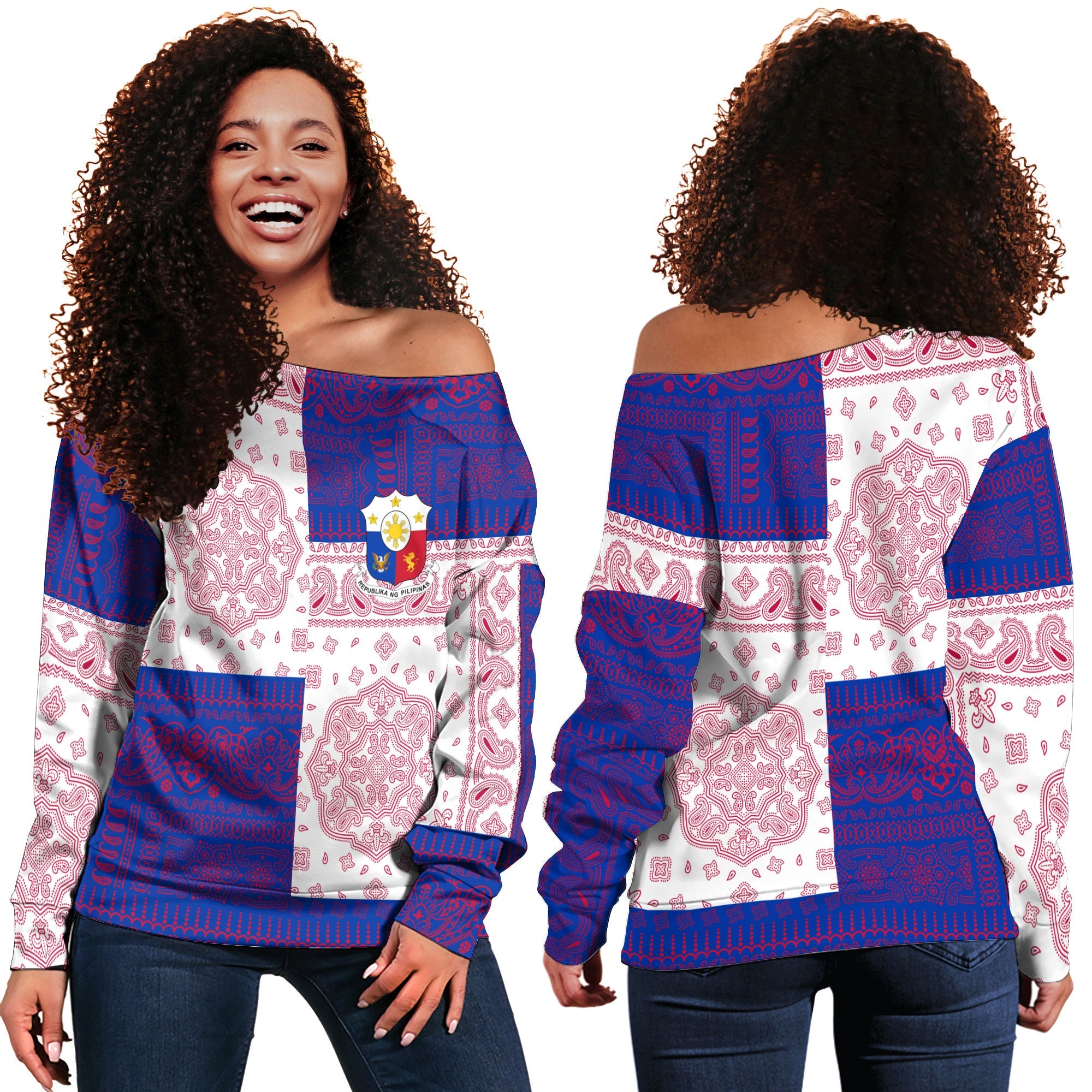 Philippines Women Off Shoulder Sweatshirt Flag And Paisley Basic Style 1