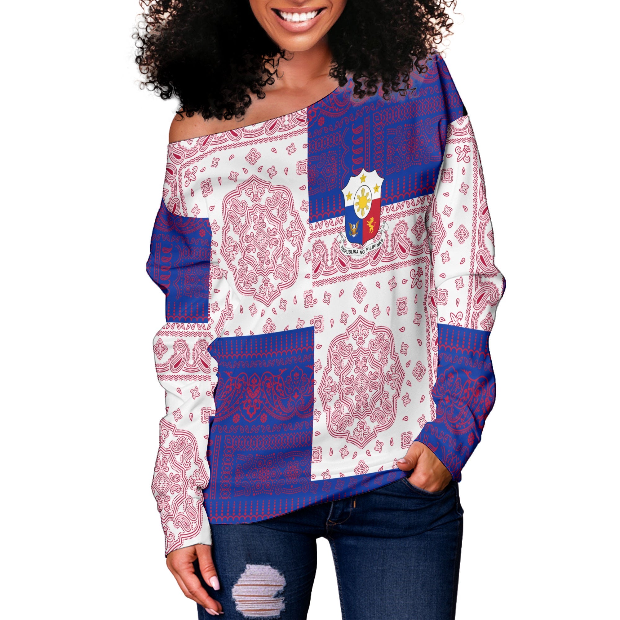 Philippines Women Off Shoulder Sweatshirt Flag And Paisley Basic Style 2