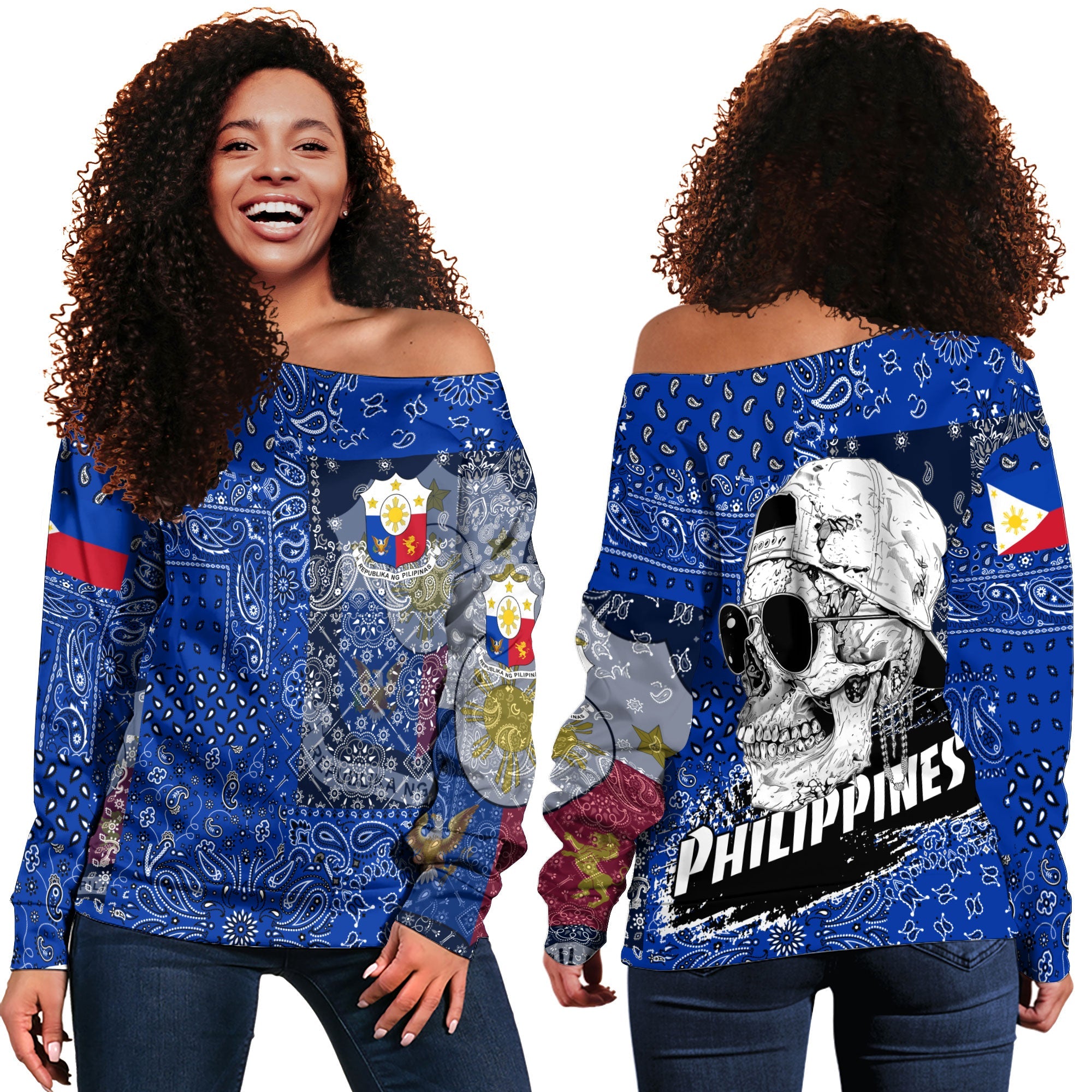 Philippines Women Off Shoulder Sweatshirt Paisley Flag And Skull Style 1