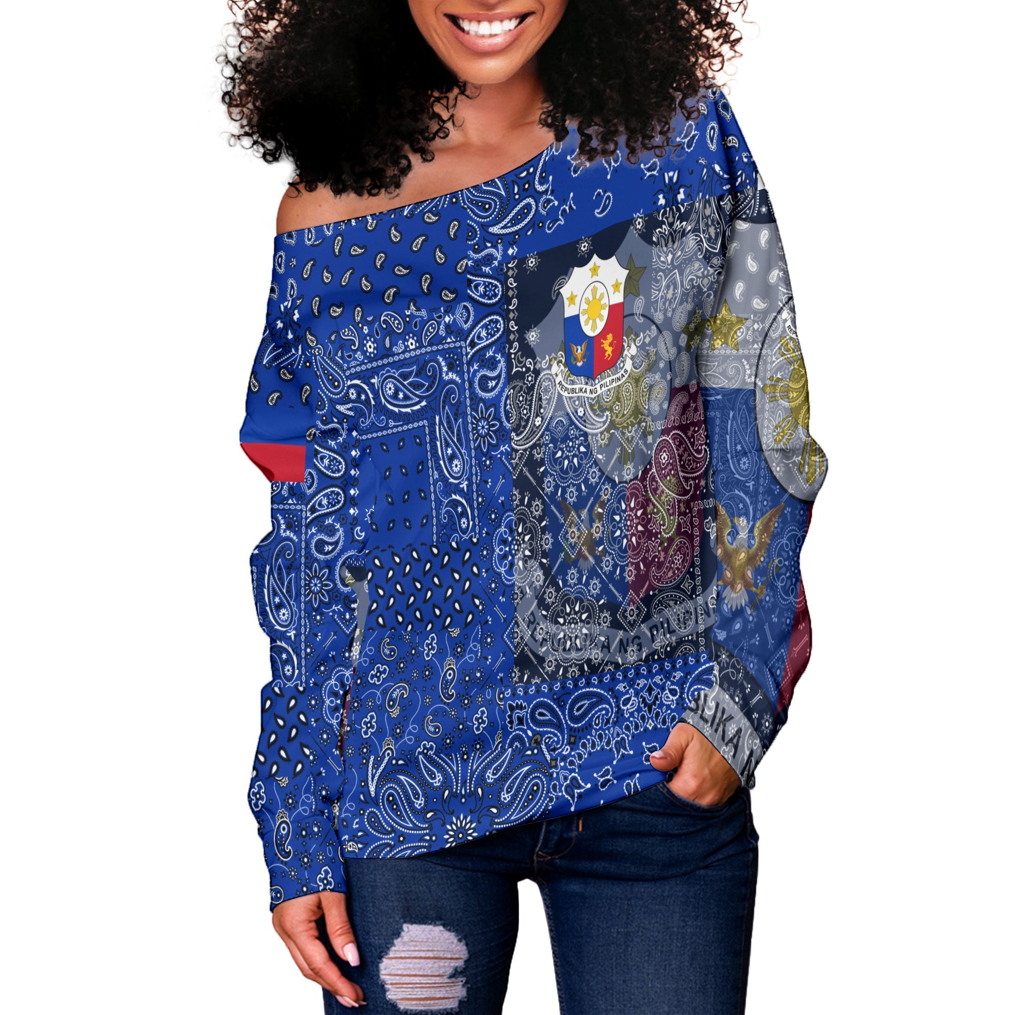 Philippines Women Off Shoulder Sweatshirt Paisley Flag And Skull Style 2