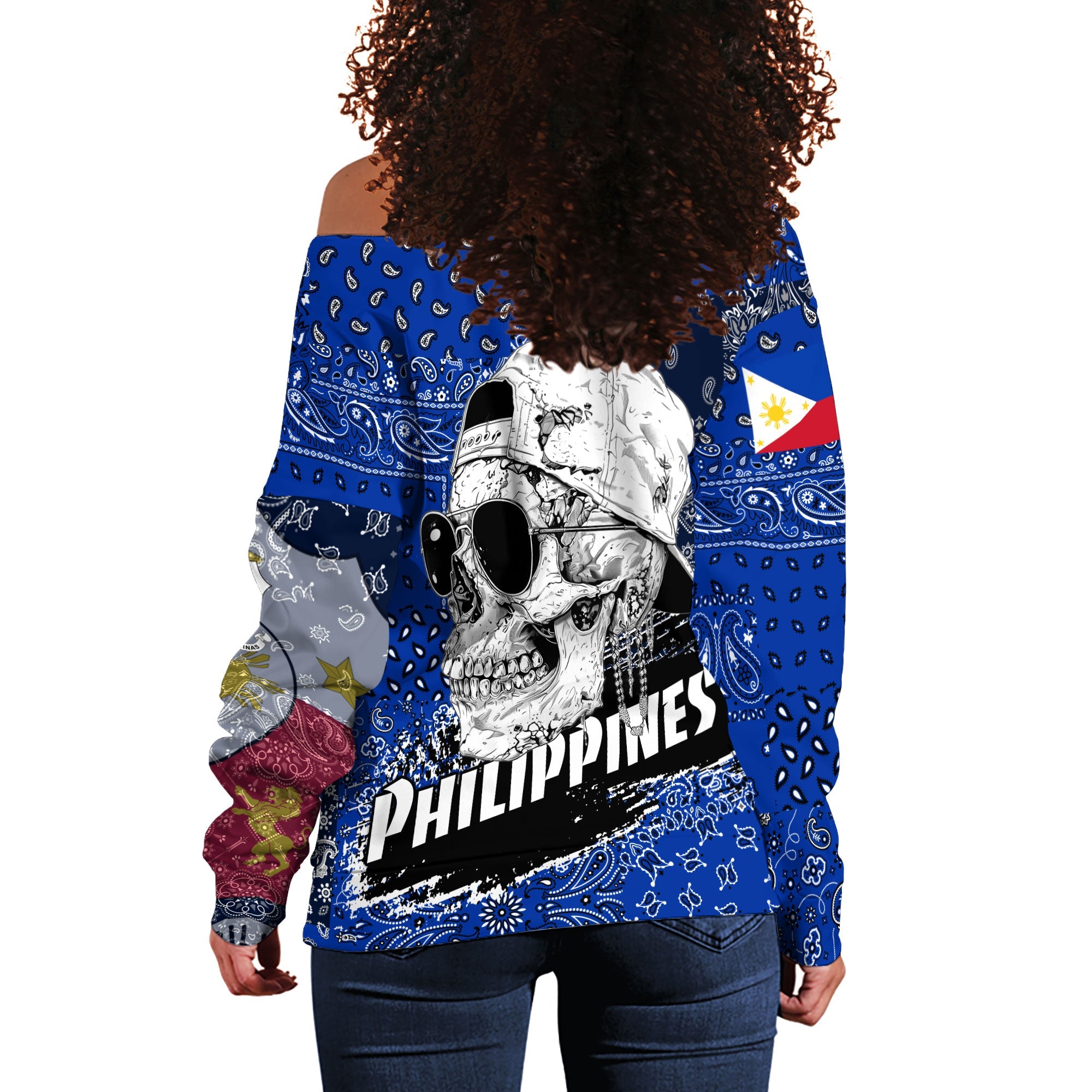 Philippines Women Off Shoulder Sweatshirt Paisley Flag And Skull Style 3