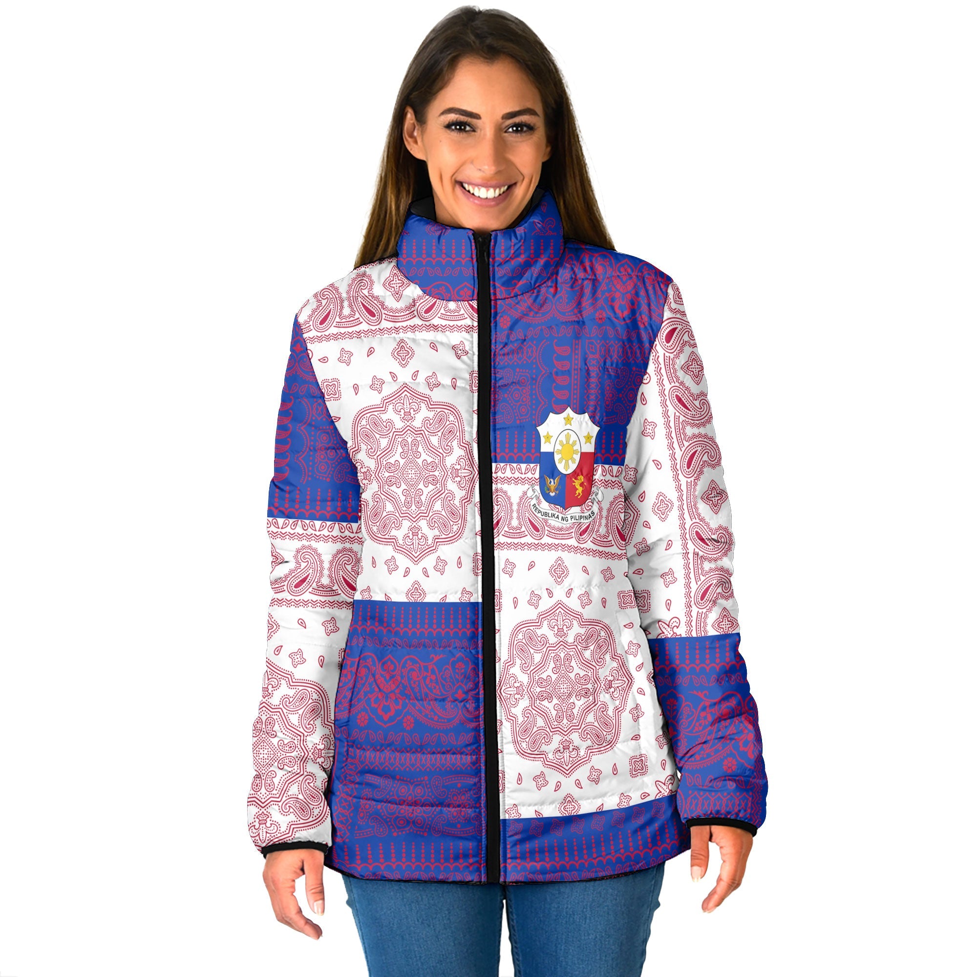 Philippines Women Padded Jacket Flag And Paisley Basic Style 1