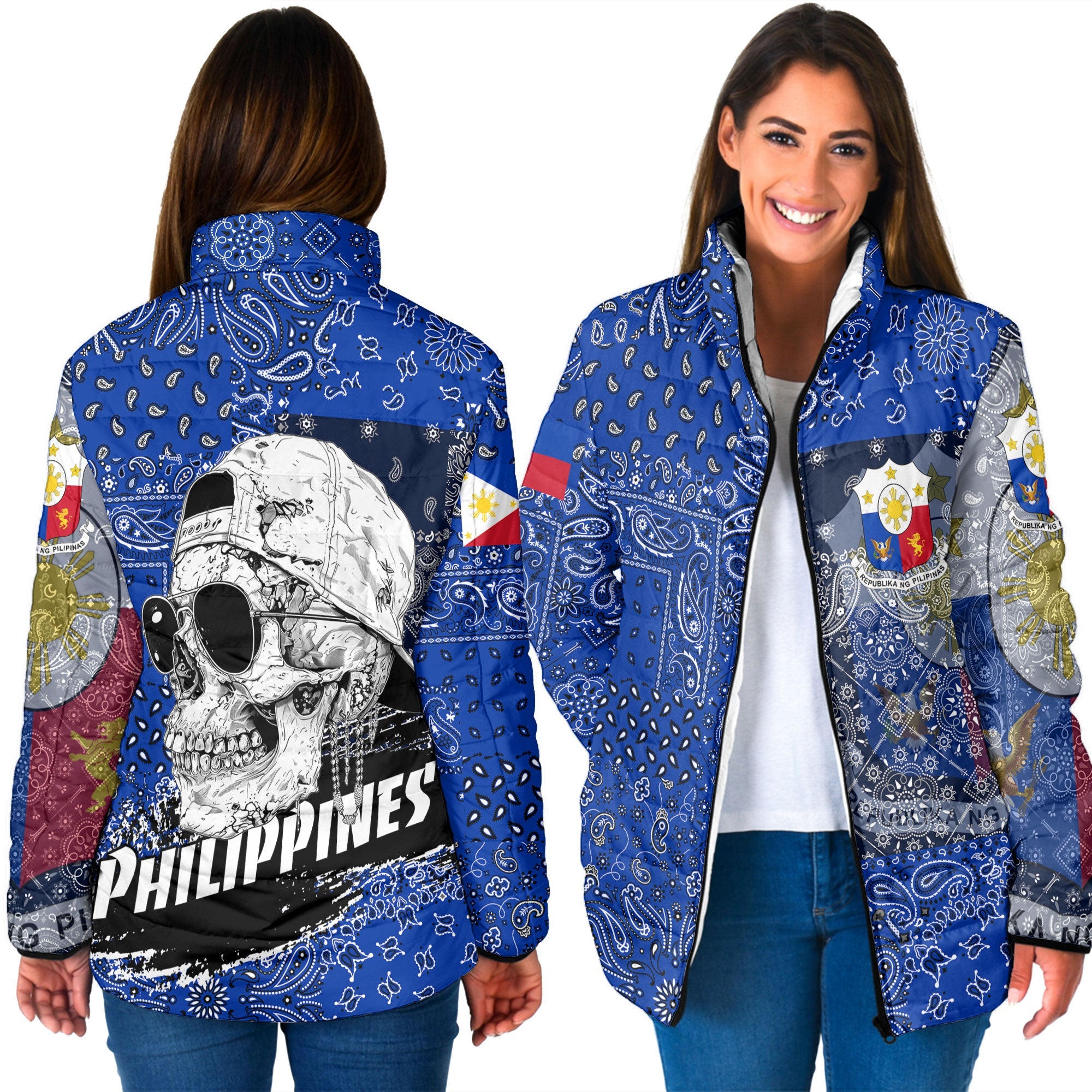 Philippines Women Padded Jacket Paisley Flag And Skull Style 3