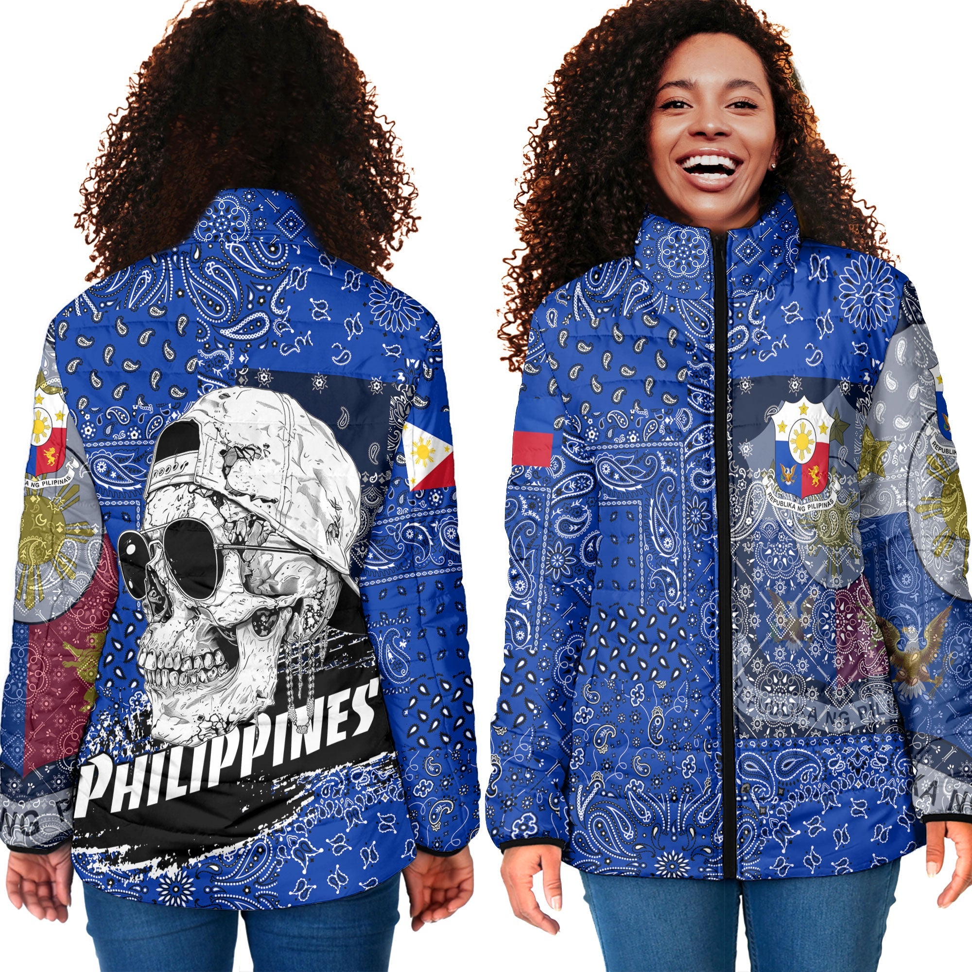 Philippines Women Padded Jacket Paisley Flag And Skull Style 4