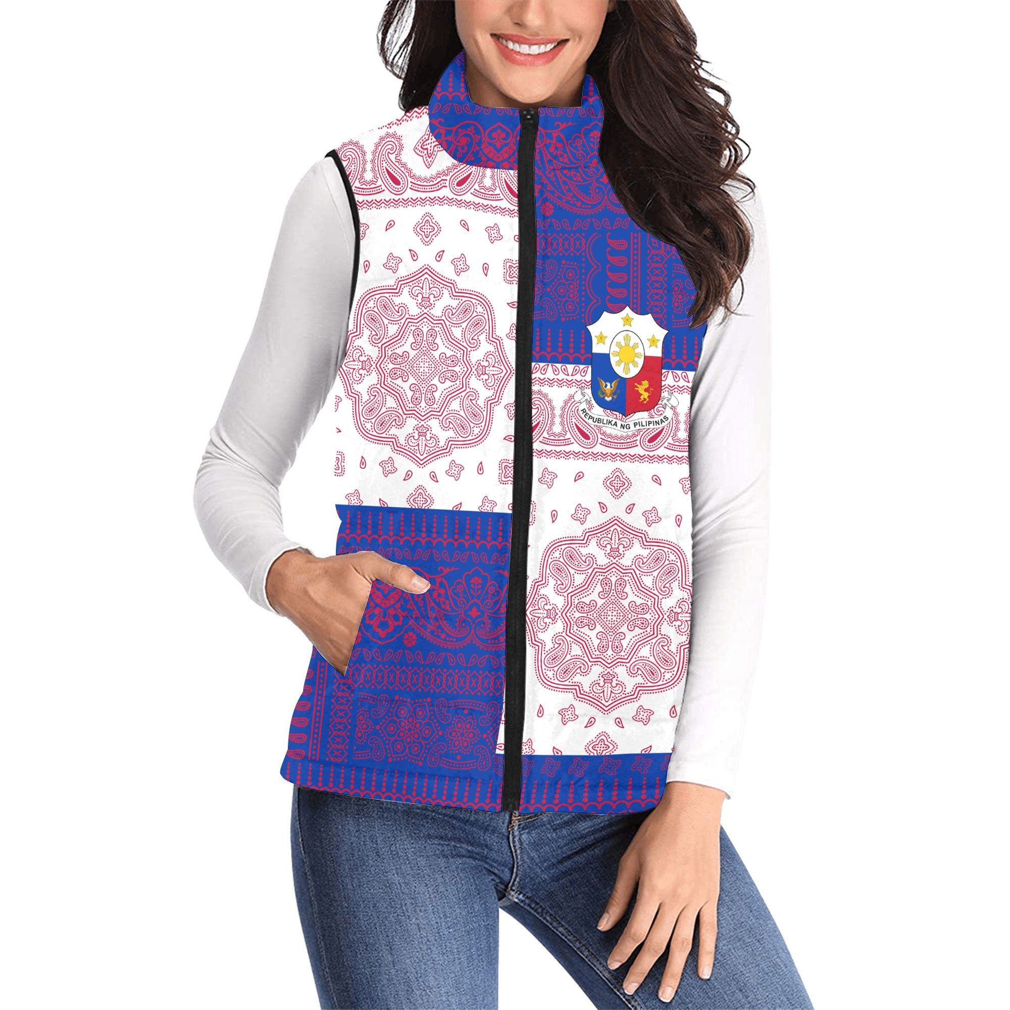 Philippines Women Padded Jacket Vest Flag And Paisley Basic Style 1