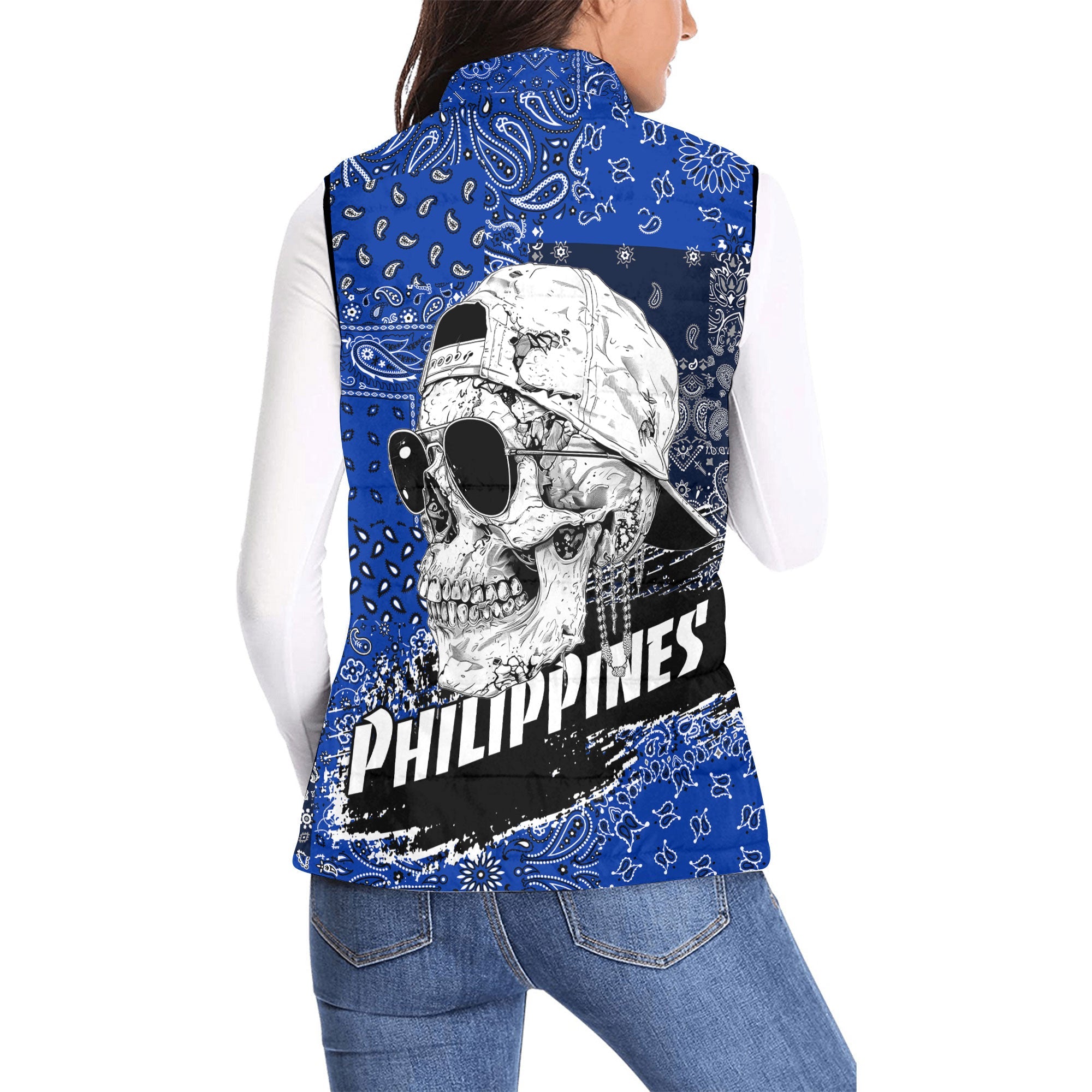 Philippines Women Padded Jacket Vest Paisley Flag And Skull Style 2