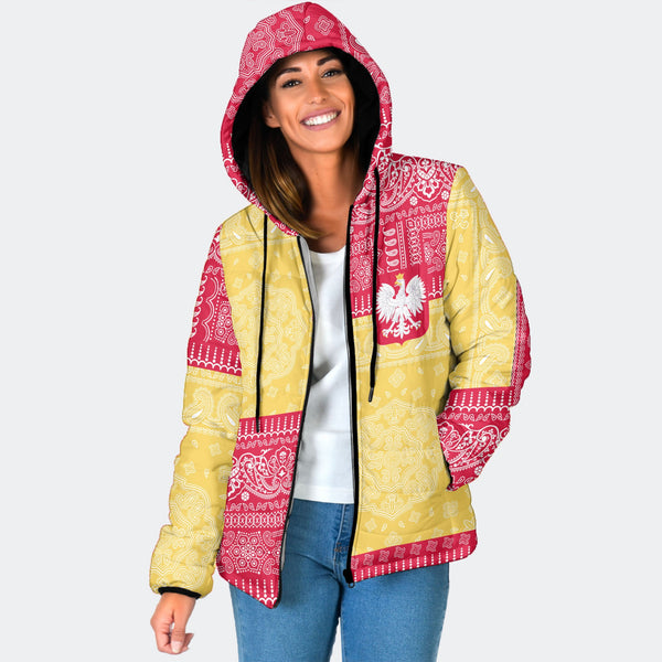 Poland Women Hooded Padded Jacket Flag And Paisley Basic Style 1