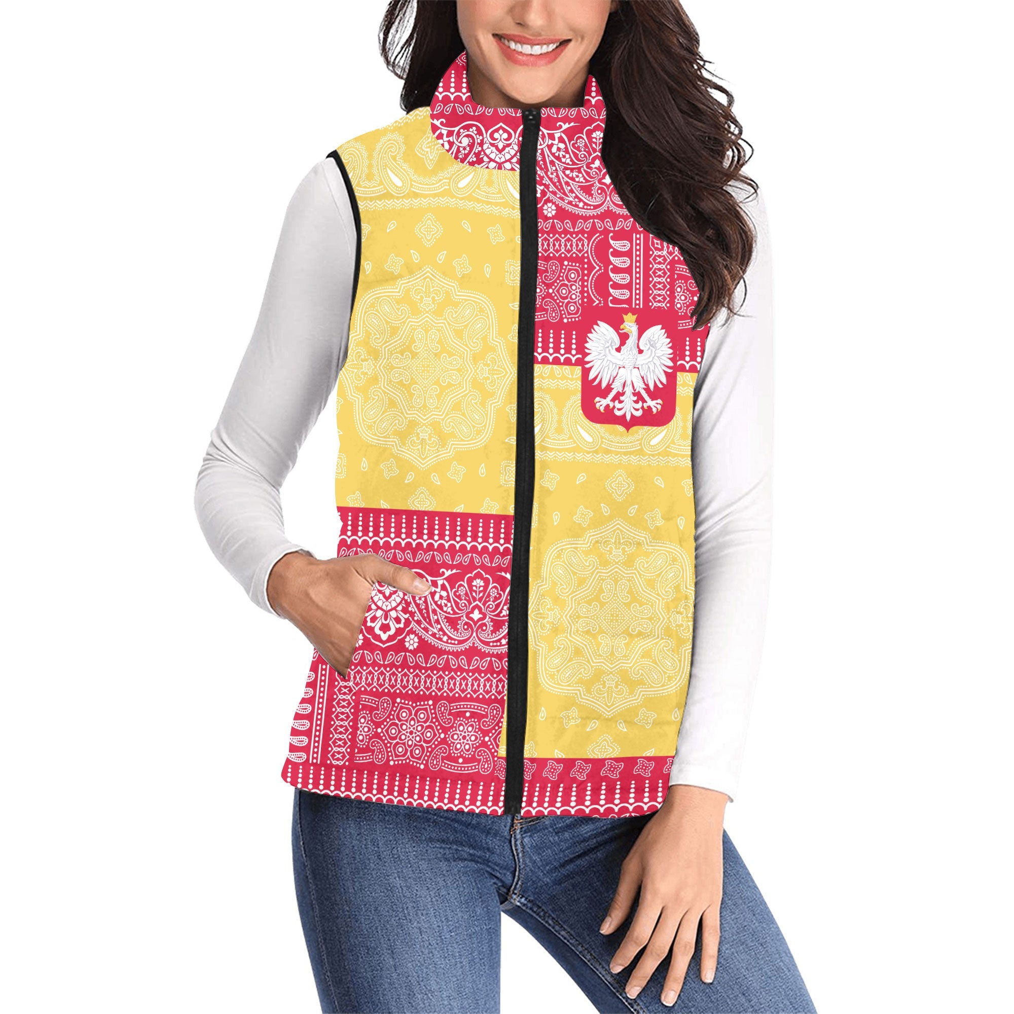 Poland Women Padded Jacket Vest Flag And Paisley Basic Style 1