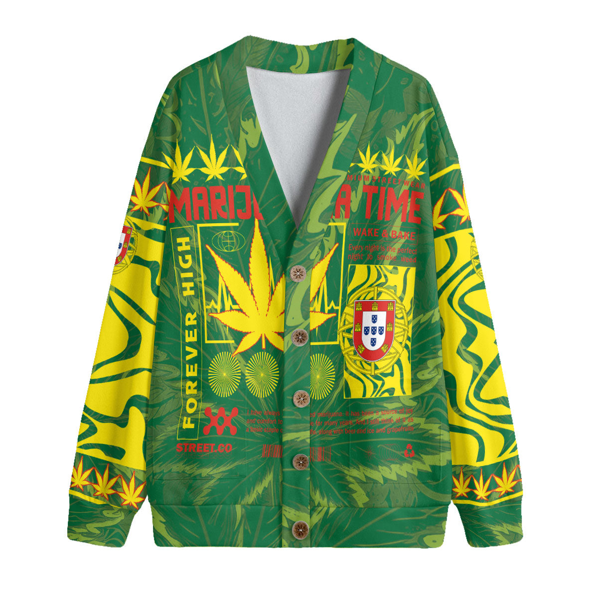 Portugal Fleece Cardigan Flag & Coat Of Arms Marijuanas Style