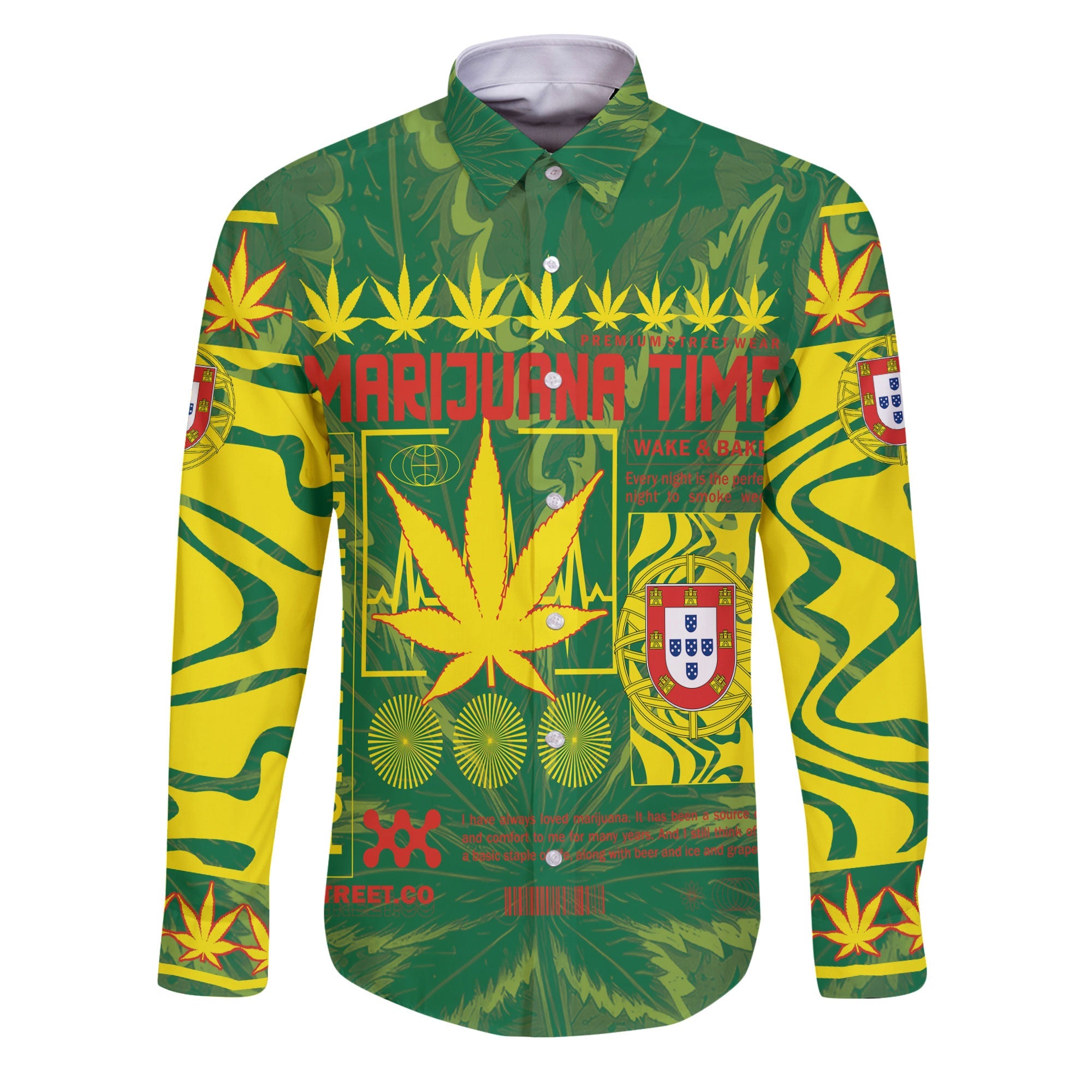 Portugal Long Sleeve Button Shirt Flag & Coat Of Arms Marijuanas Style