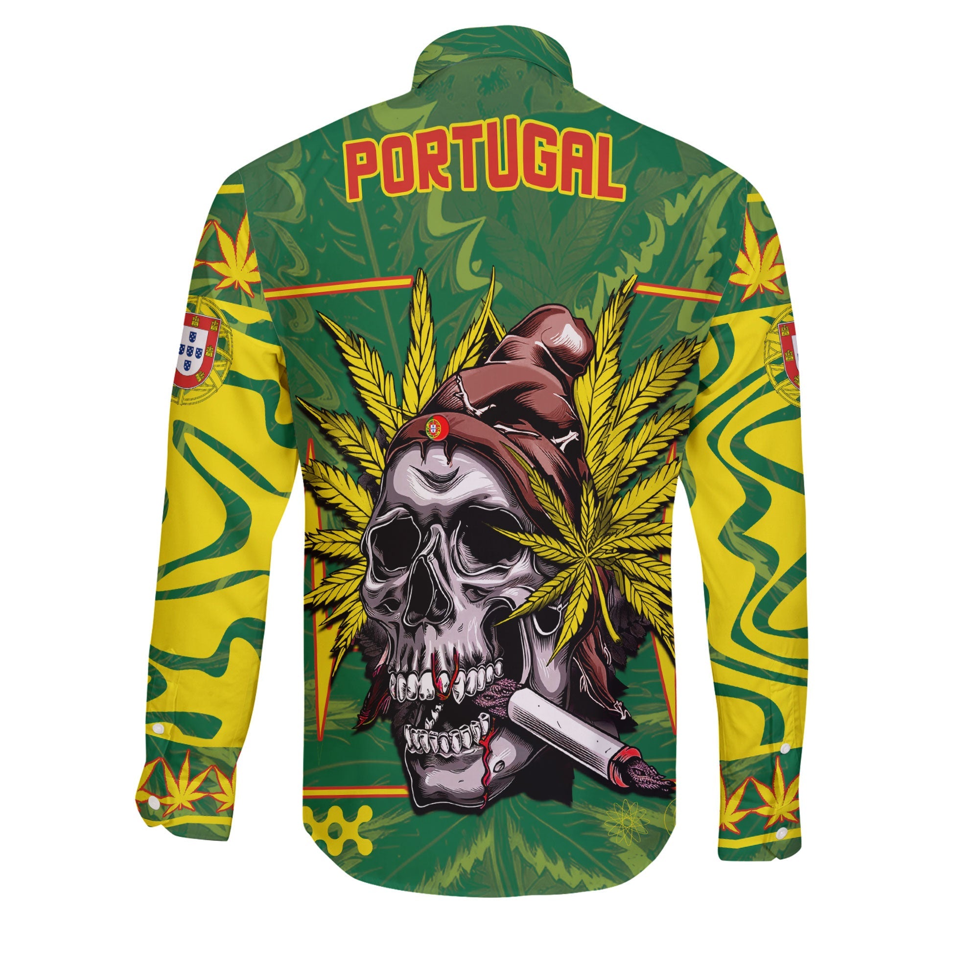 Portugal Long Sleeve Button Shirt Flag & Coat Of Arms Marijuanas Style