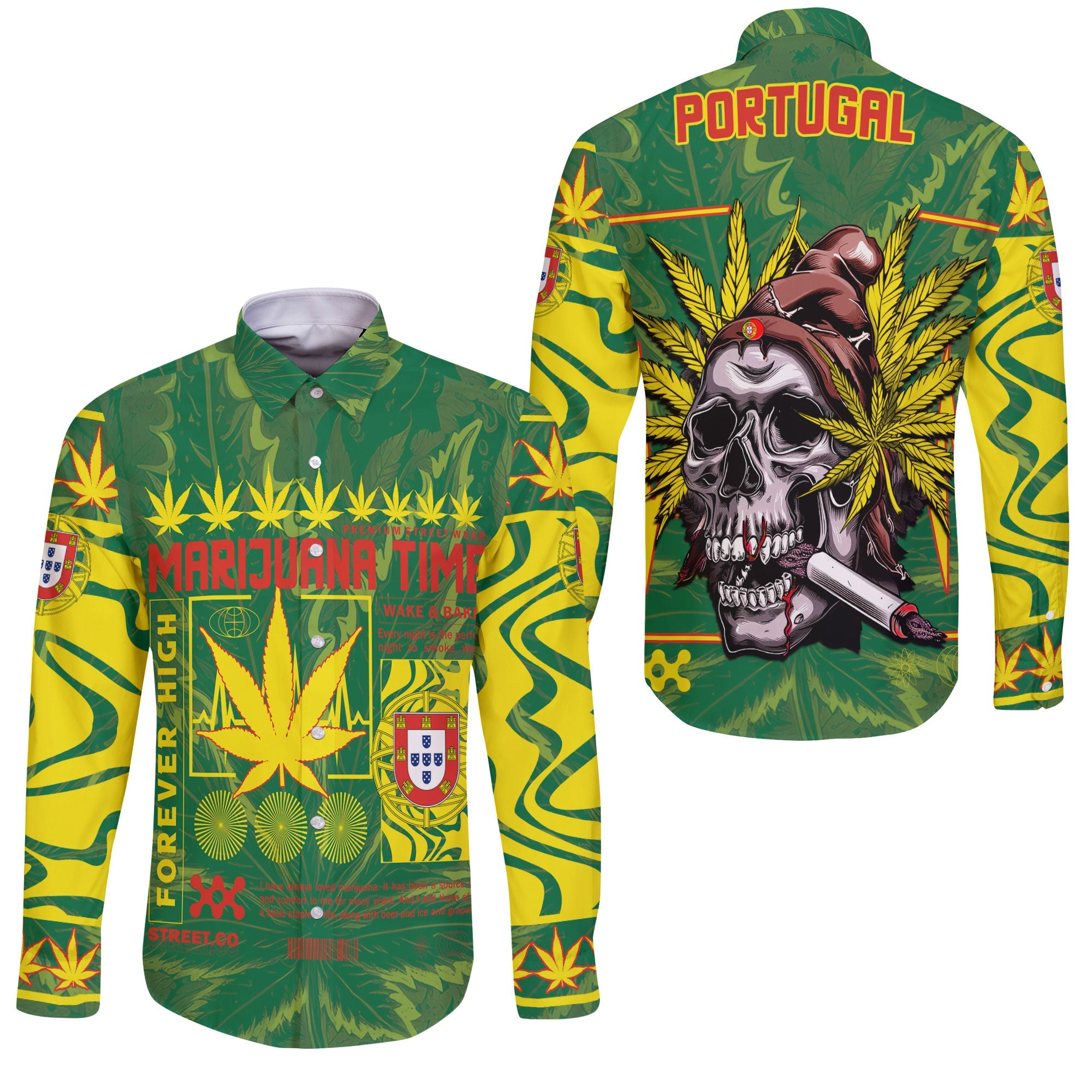 Portugal Long Sleeve Button Shirt Flag & Coat Of Arms Marijuanas Style