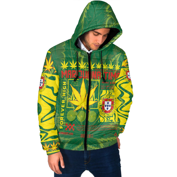 Portugal Men Hooded Padded Jacket Flag & Coat Of Arms Marijuanas Style