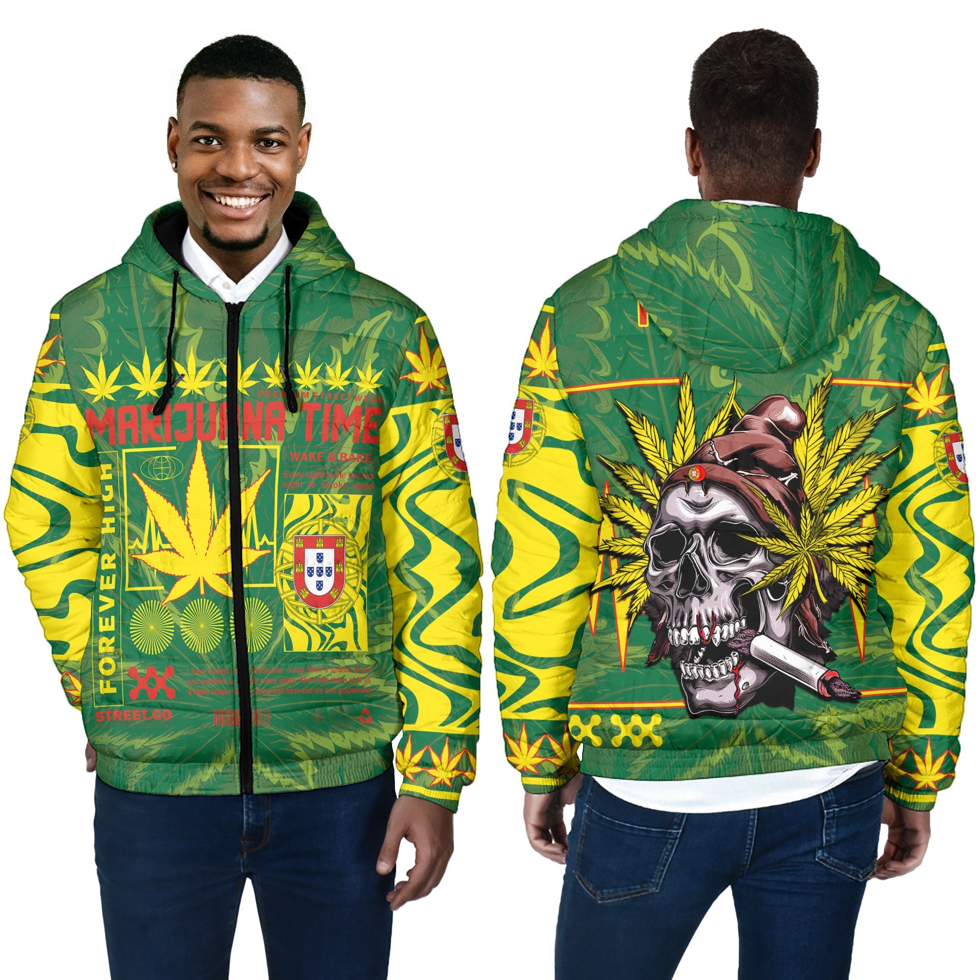 Portugal Men Hooded Padded Jacket Flag & Coat Of Arms Marijuanas Style