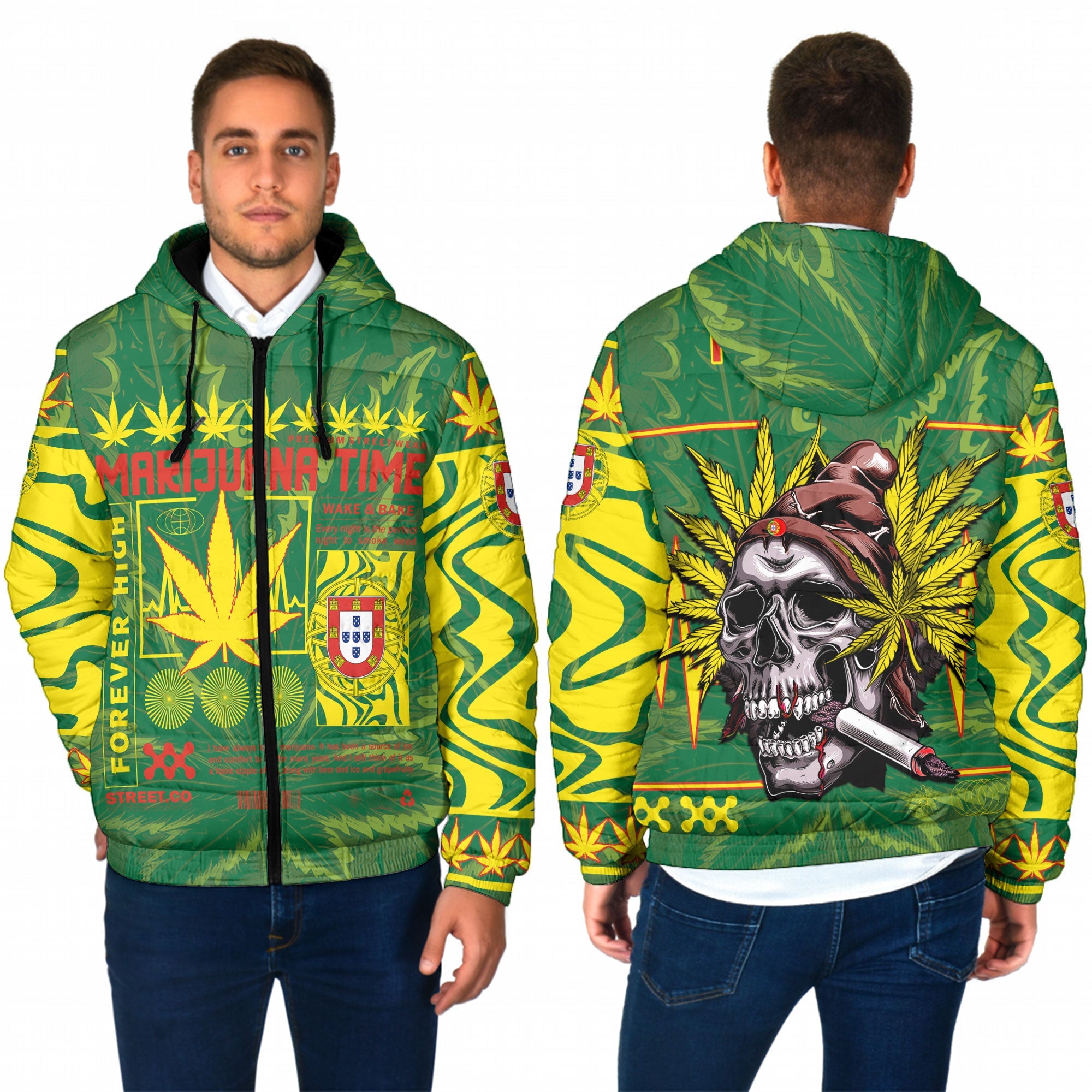 Portugal Men Hooded Padded Jacket Flag & Coat Of Arms Marijuanas Style